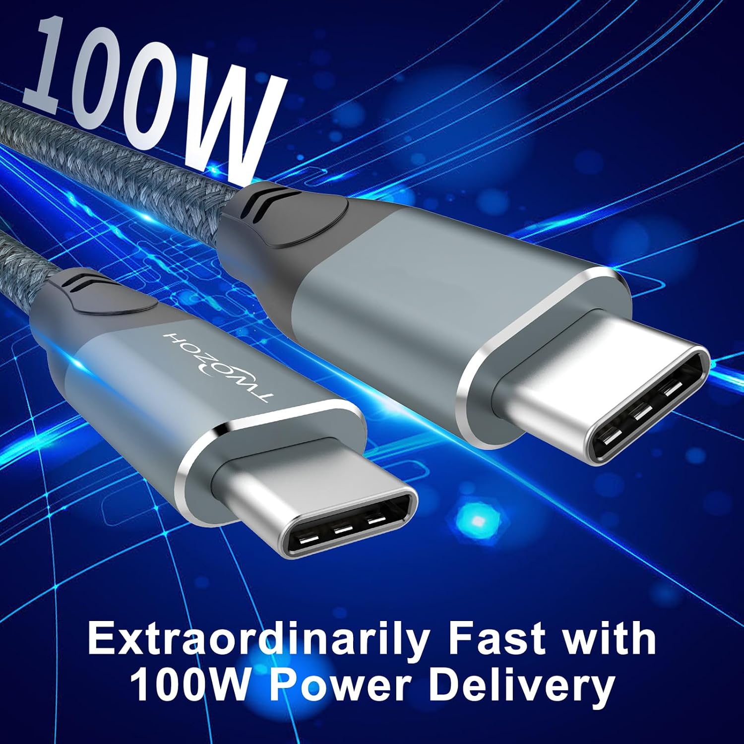 Detalle 2 de Twozoh USB C to USB C 3.2 Gen 2 Cable (4.5m, Grey) – 20Gbps, 100W PD, 4K Output (2-Pack)