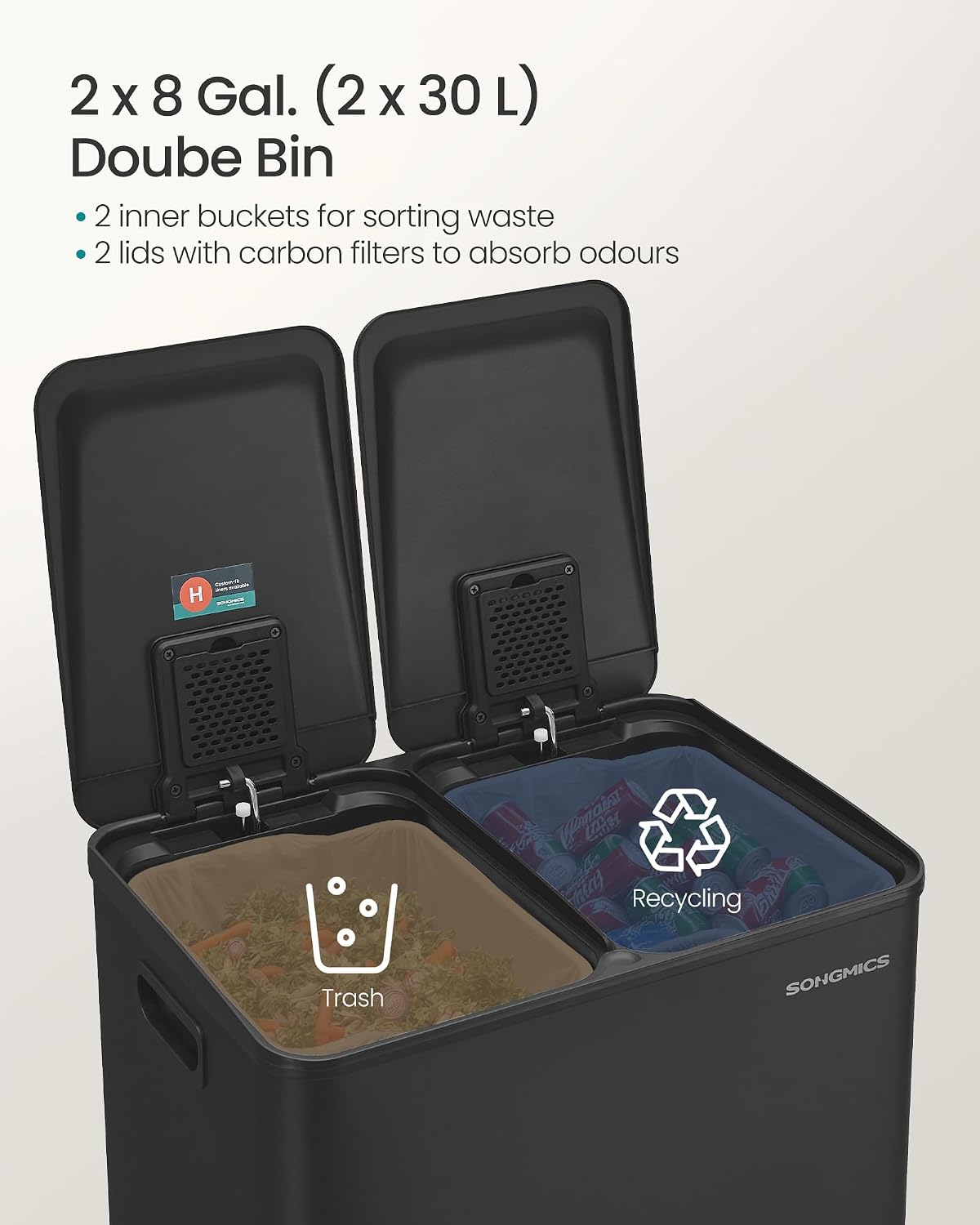 Detalle de SONGMICS LTB741B02 2 x 30 L kitchen bin