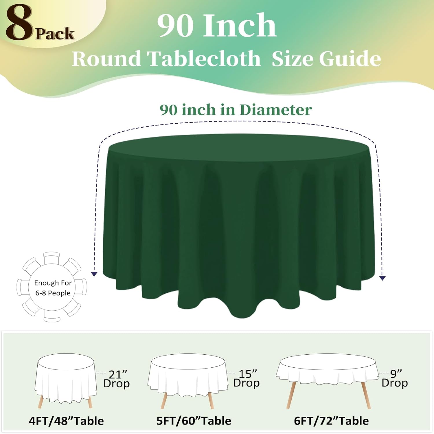Thumbnail 1 de pepmily 8-Pack 90-Inch Dark Green Round Tablecloths (Hunter Green)