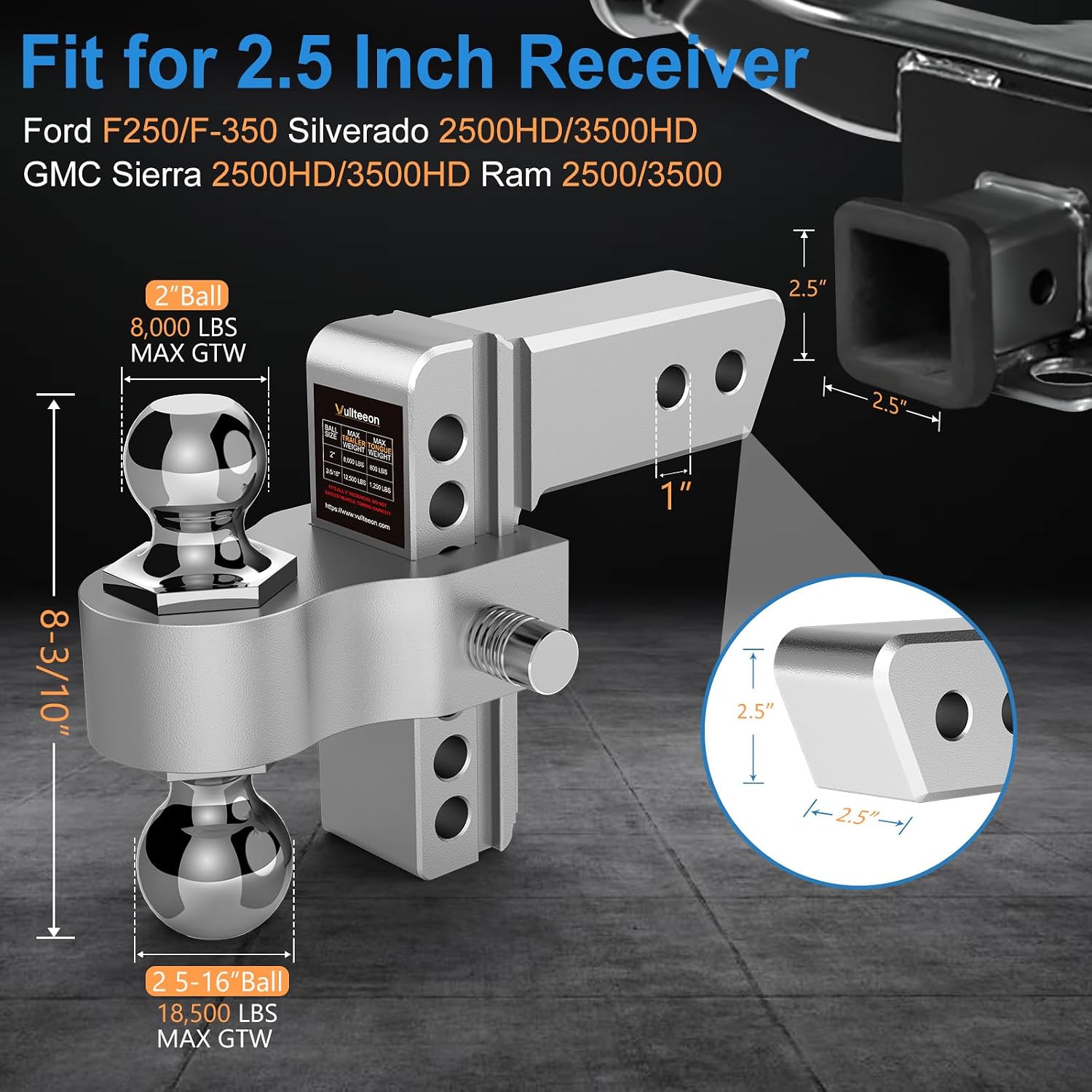 Thumbnail 1 de Drop Hitch 2.5 Inch Receiver by Vullteeon — 6 Inch Adjustable Aluminum Tow Hitch with Dual Ball Heads