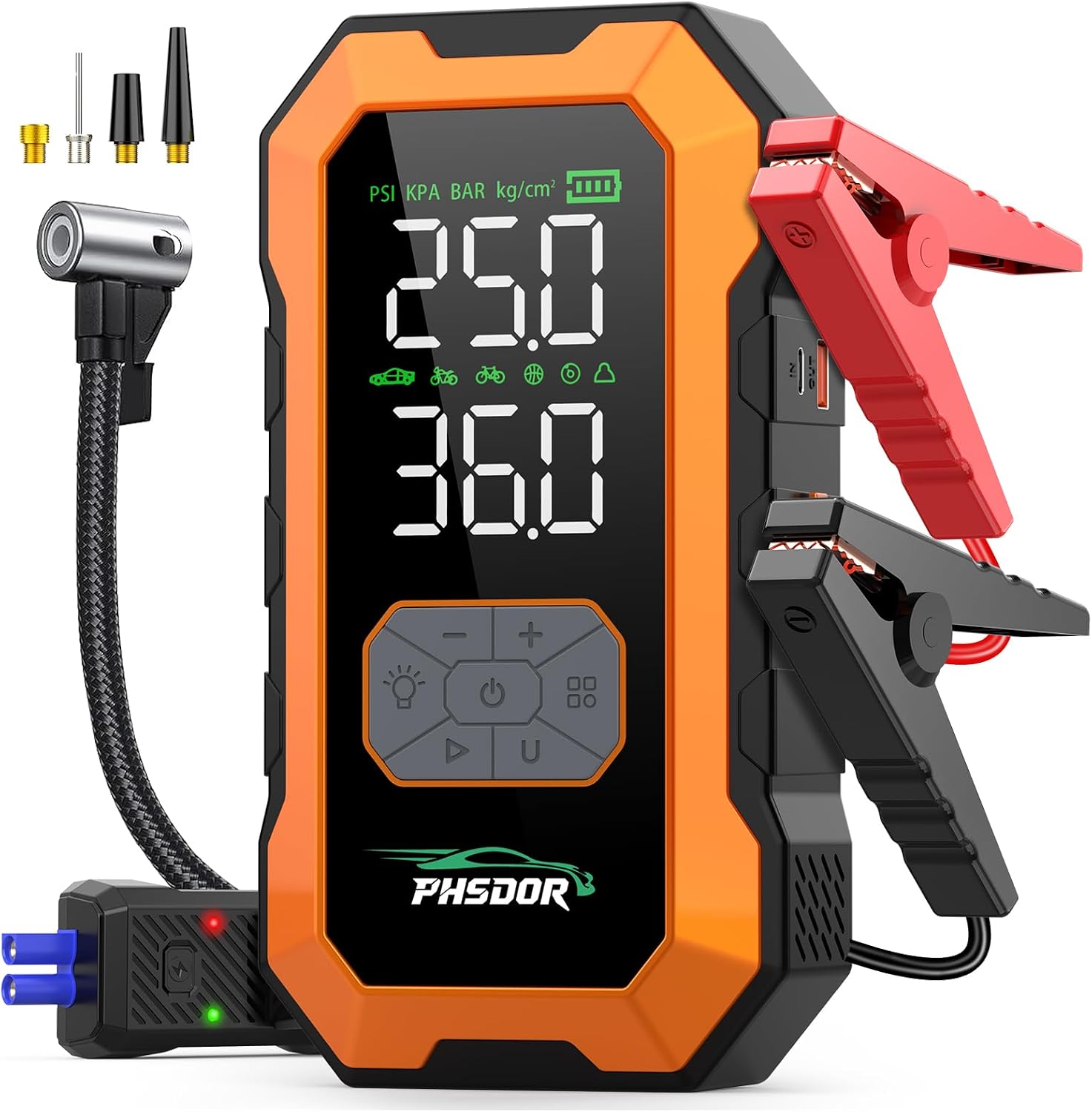 Detalle de Booster batterie voiture 8000A avec gonfleur 150 PSI, 25000 mAh et lampe LED 3 modes