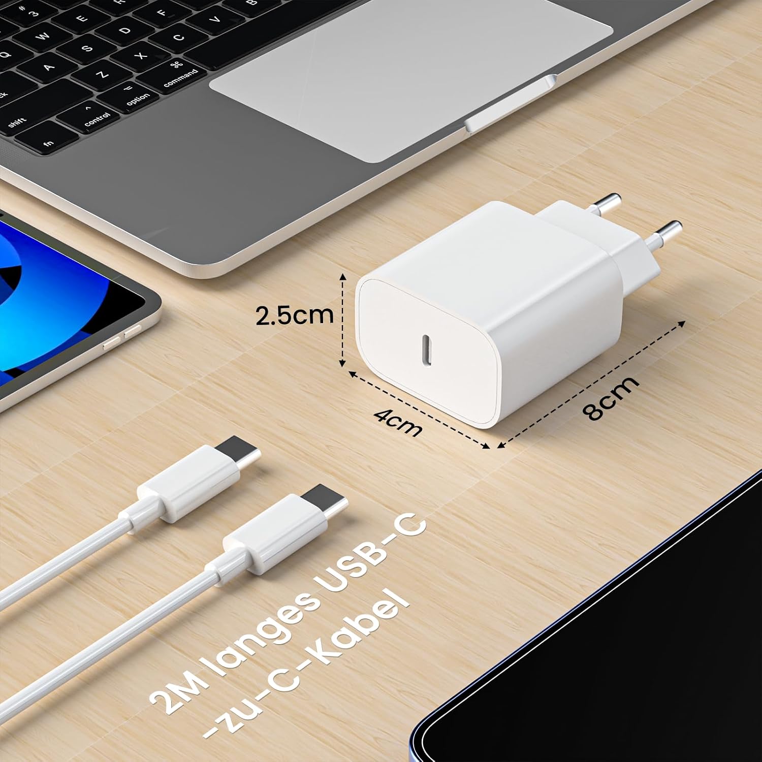 Detalle 2 de USB-C Schnellladegerät mit 20W und 2 m Kabel – kompatibel mit iPhone, iPad und vielen Geräten