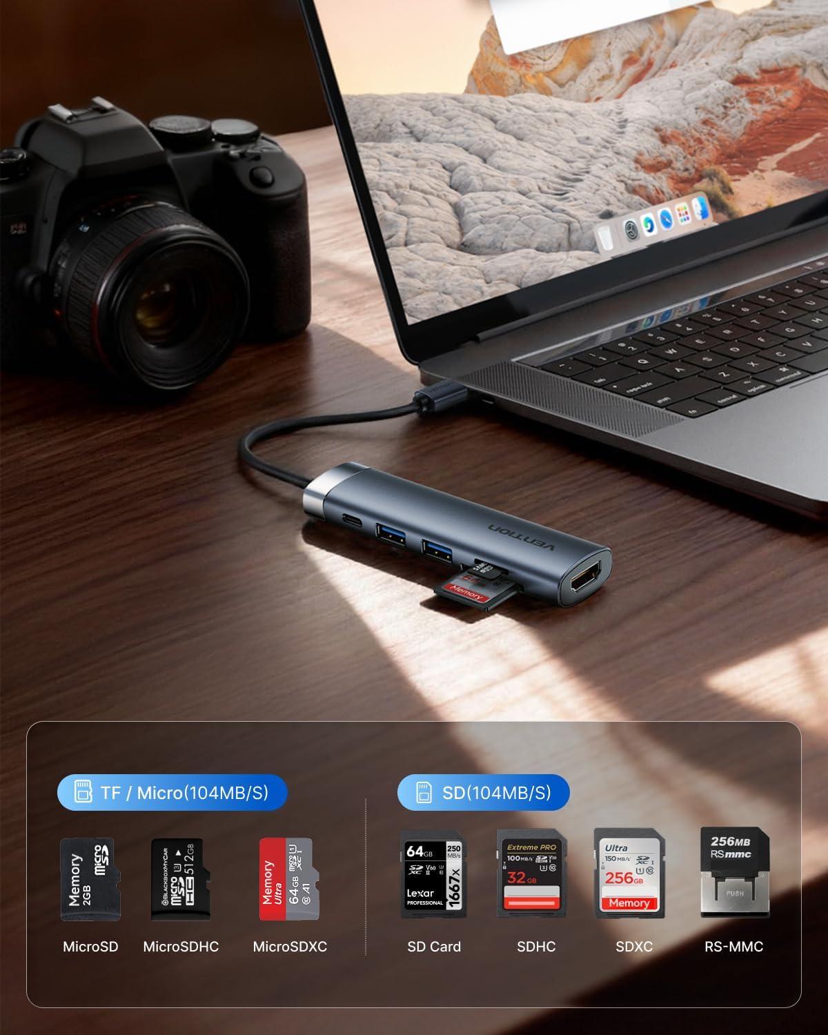 Thumbnail 5 de Vention USB-C Hub mit PD 100 W und 4K HDMI (6-in-1) – 2× USB-A 3.0, Kartenleser SD/TF, Datenport