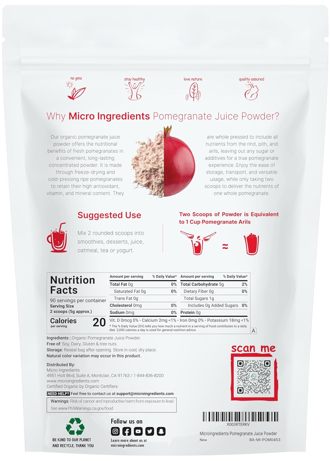 Detalle de Micro Ingredients Organic Pomegranate Juice Powder, 1 Pound, Freeze-Dried