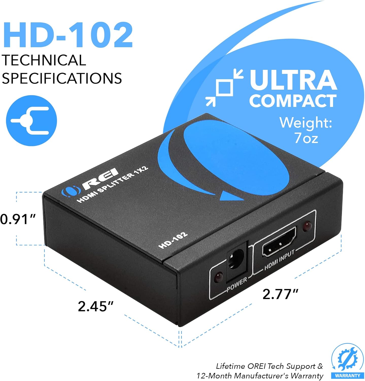 Detalle de OREI HDMI Splitter 1 in 2 Out 4K (1x2) – Mirror/Duplicate, Powered, USB Cable Included