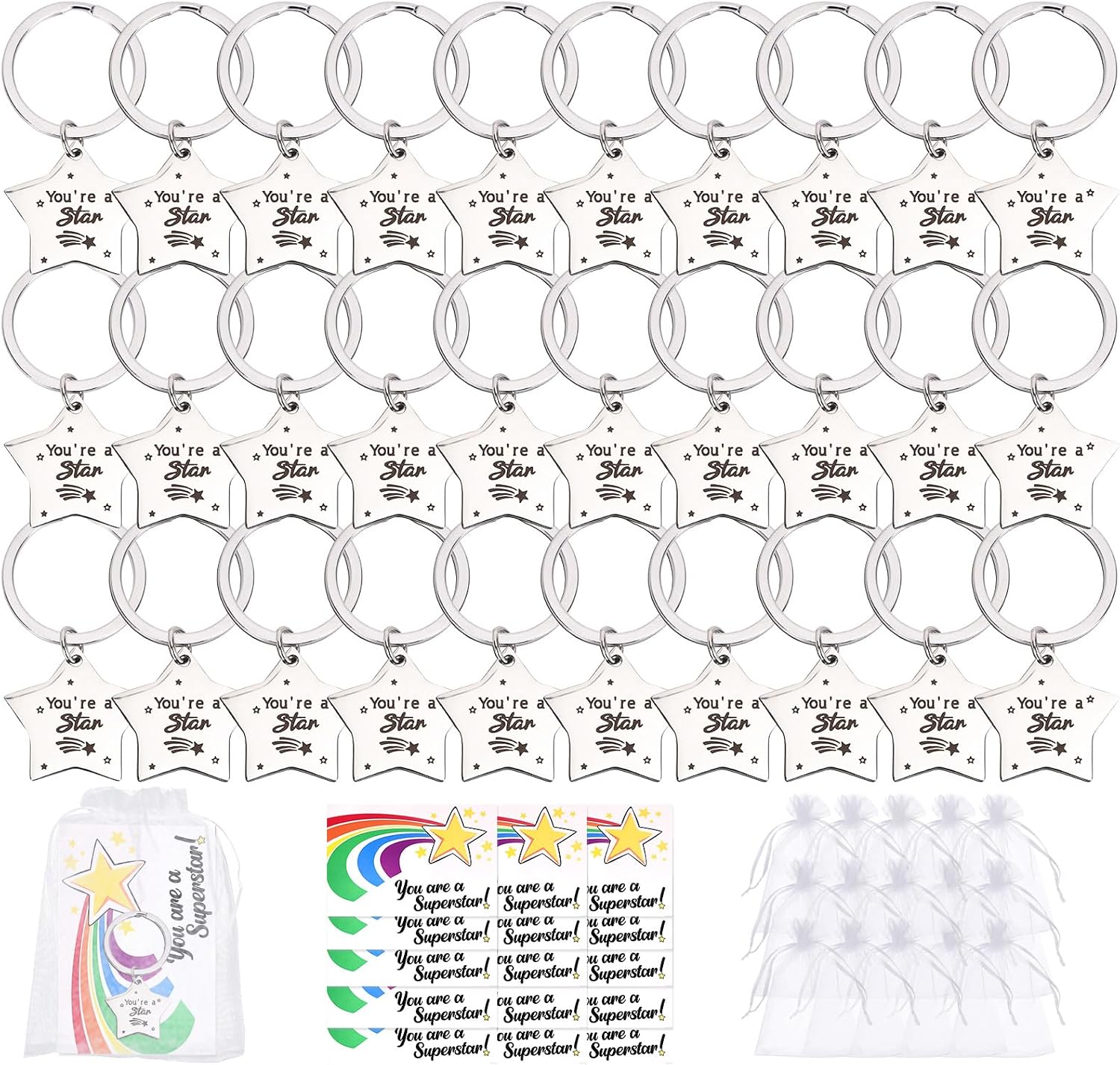 GADITIEK 30-Set Gifts for Students from Teachers: Star Keyrings with Encouragement Cards and Organza Pouches