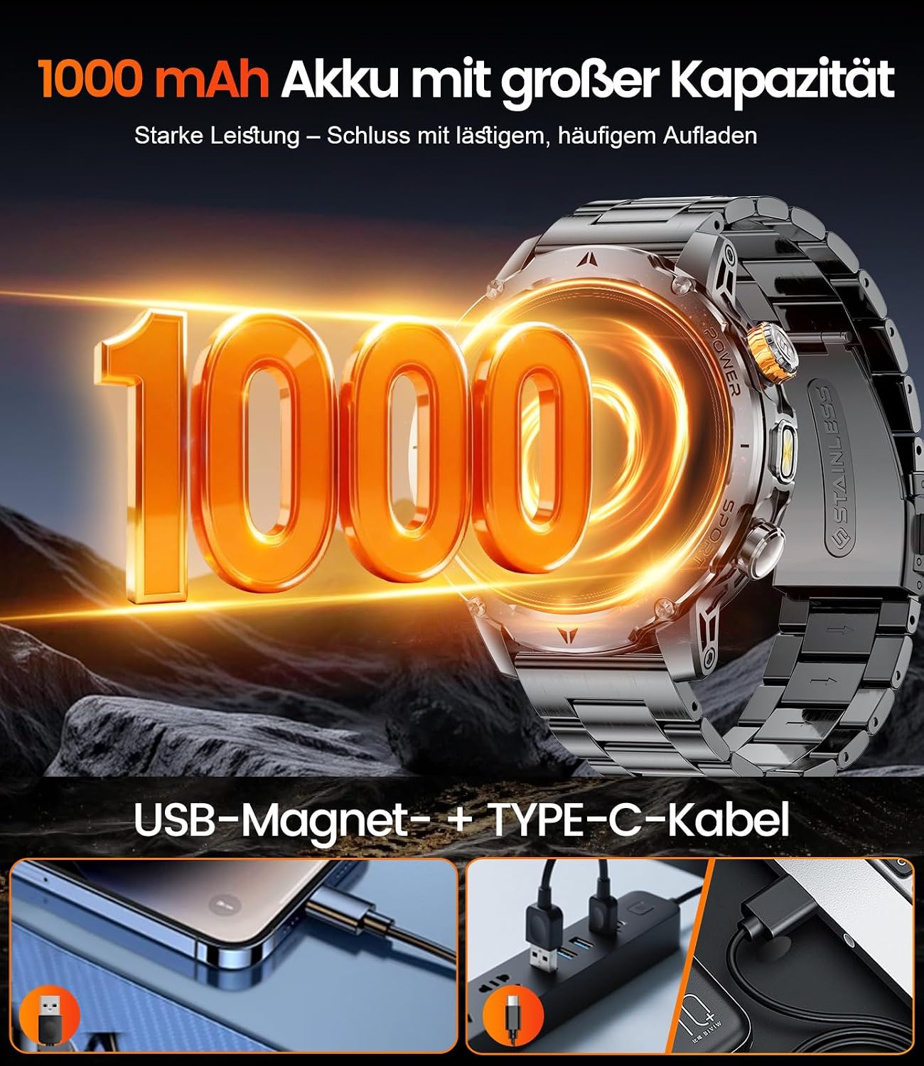 Thumbnail 2 de SUNKTA Smartwatch Militär 1,7 Zoll HD 1000 mAh
