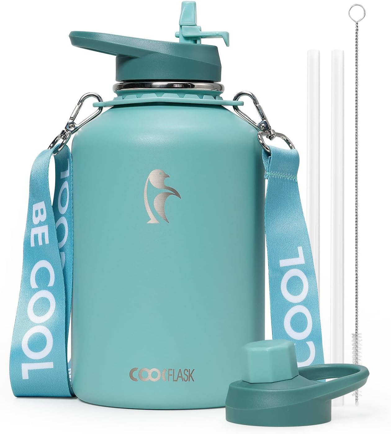 Detalle de Coolflask Water Bottle with Cool Strap, 64 oz Insulated Stainless Steel Jug