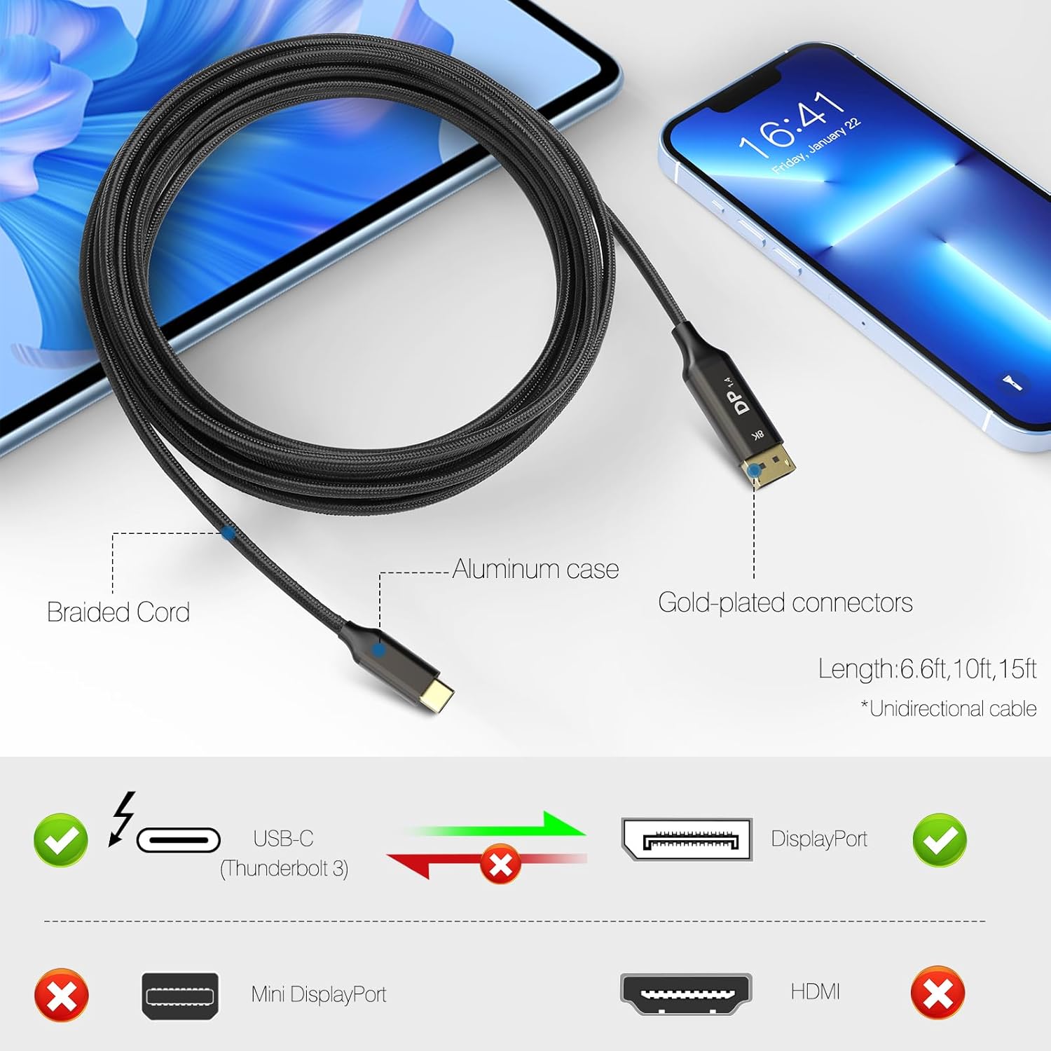 Thumbnail 2 de Ablink USB C to DisplayPort 1.4 Cable 2M — 8K@60Hz / 4K@240Hz, HDR10+