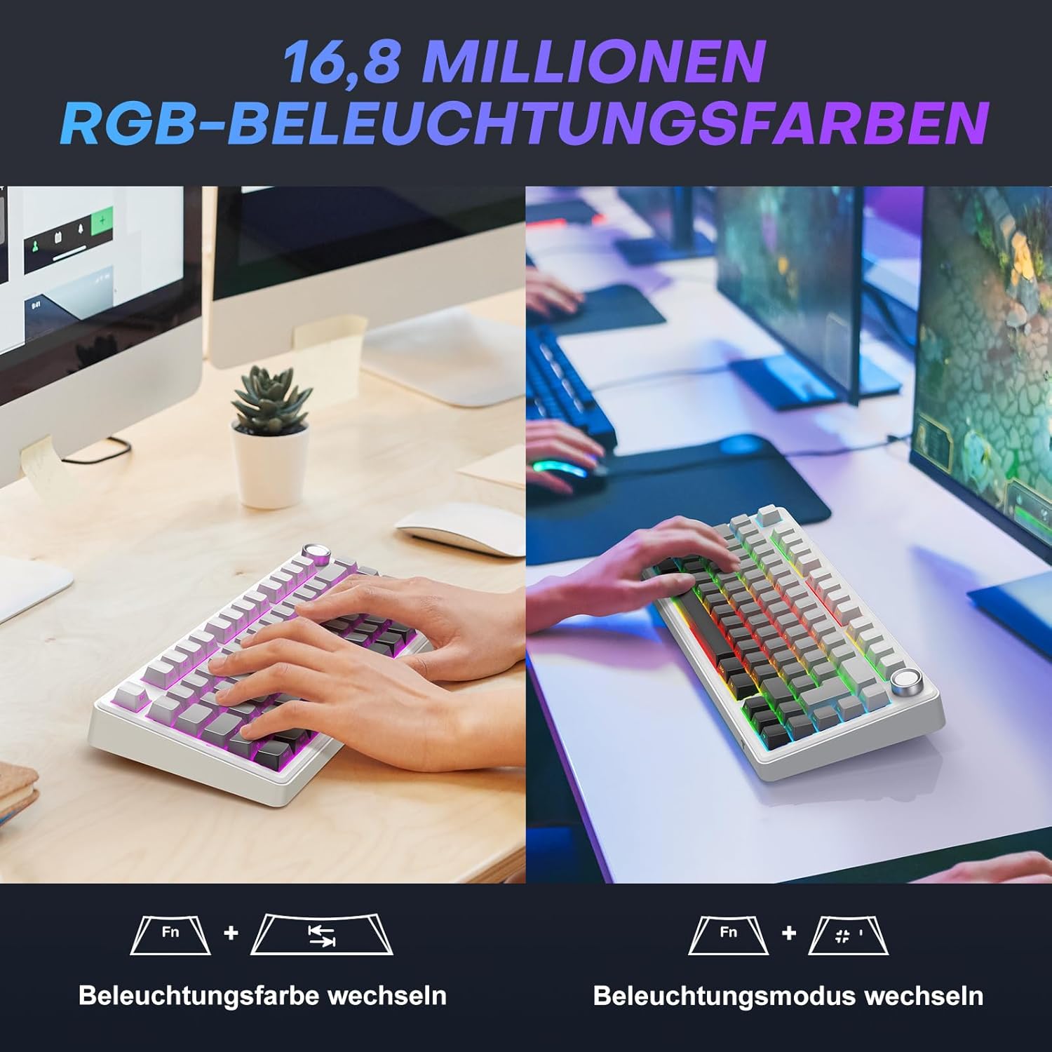 Thumbnail 6 de TECURS 75% Gaming Tastatur Kabellos mit Hot-Swap, Drehknopf und PBT-Kappen – QWERTZ Gradient Grau