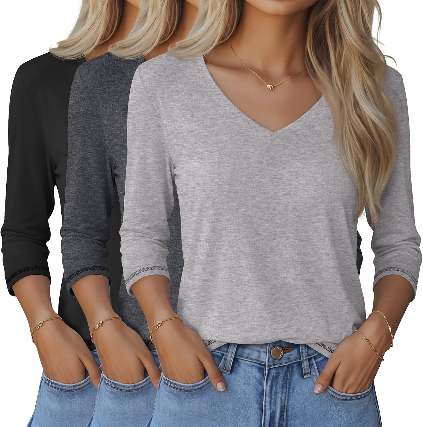 Thumbnail 5 de Ficerd 3 Pack Women's 3/4 Sleeve V-Neck T Shirts - Loose Fit Casual Tees