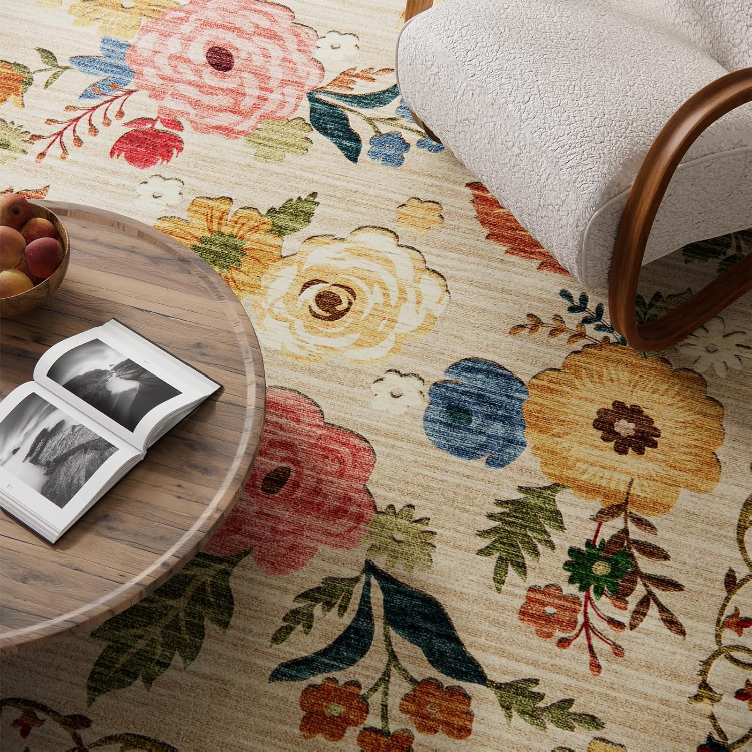Thumbnail 4 de 9x12 Area Rug for Living Room – Washable, Non-Slip, Low-Pile Faux Wool with Distressed Vintage Floral