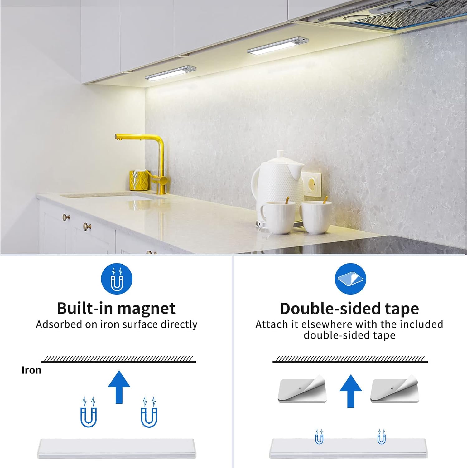 Detalle 2 de Unterbauleuchte Küche LED 20,5 cm mit Bewegungsmelder – dimmbar, wiederaufladbar, 2 Installationsarten