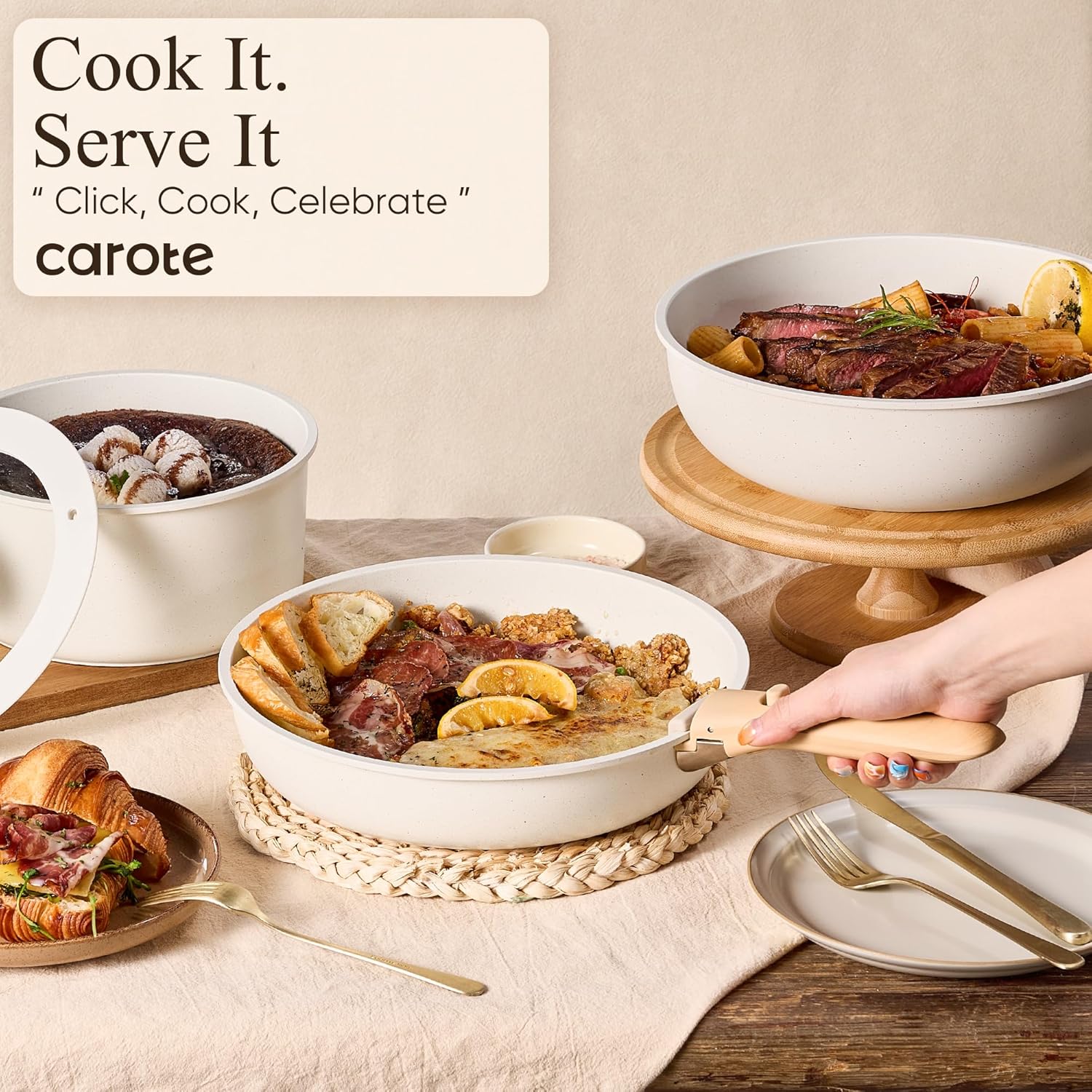 Thumbnail 3 de CAROTE Detachable Handle Nonstick Pots and Pans Set (Cream) — Space-Saving Cookware Collection for Induction, Oven & Dishwasher