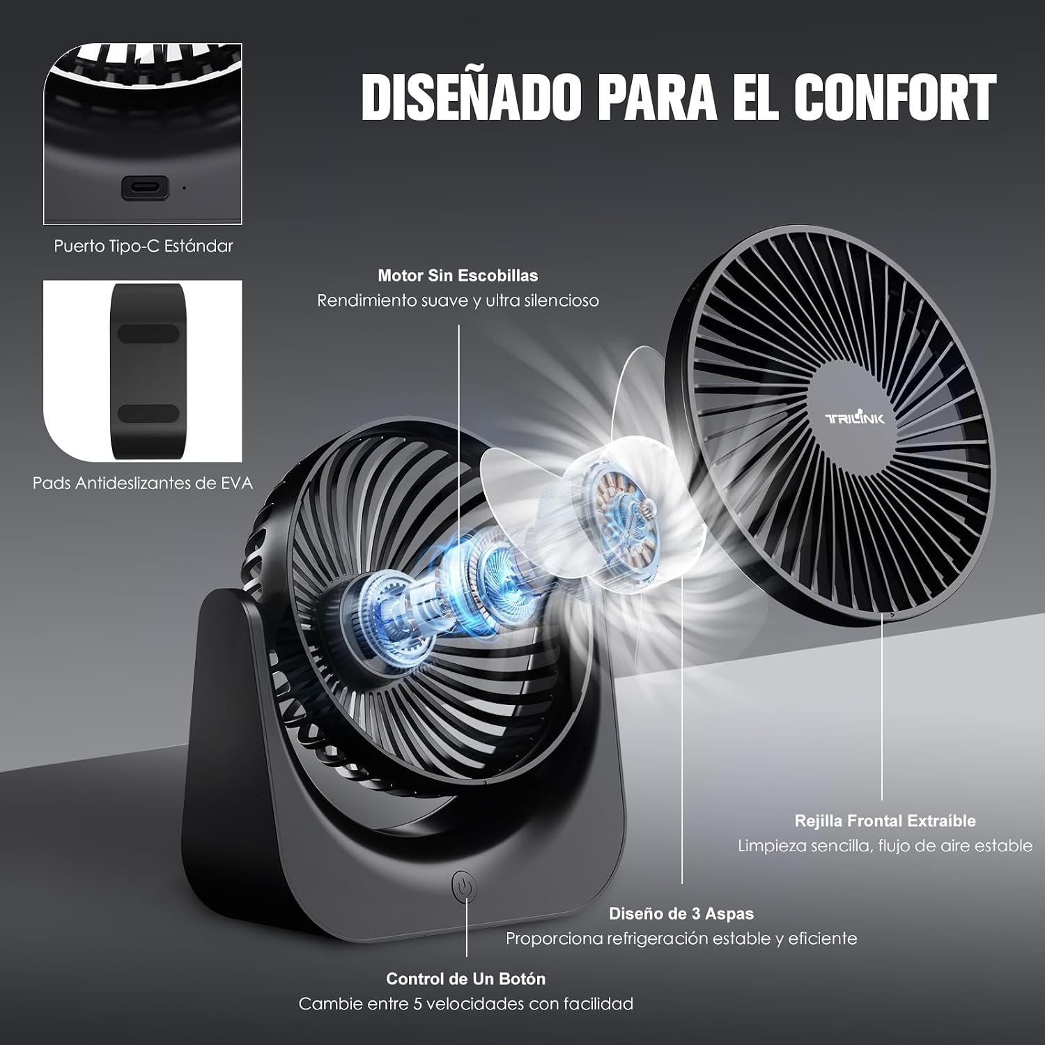 Detalle de TRILINK Ventilador de Mesa USB Compacto con 5 Velocidades 🌬