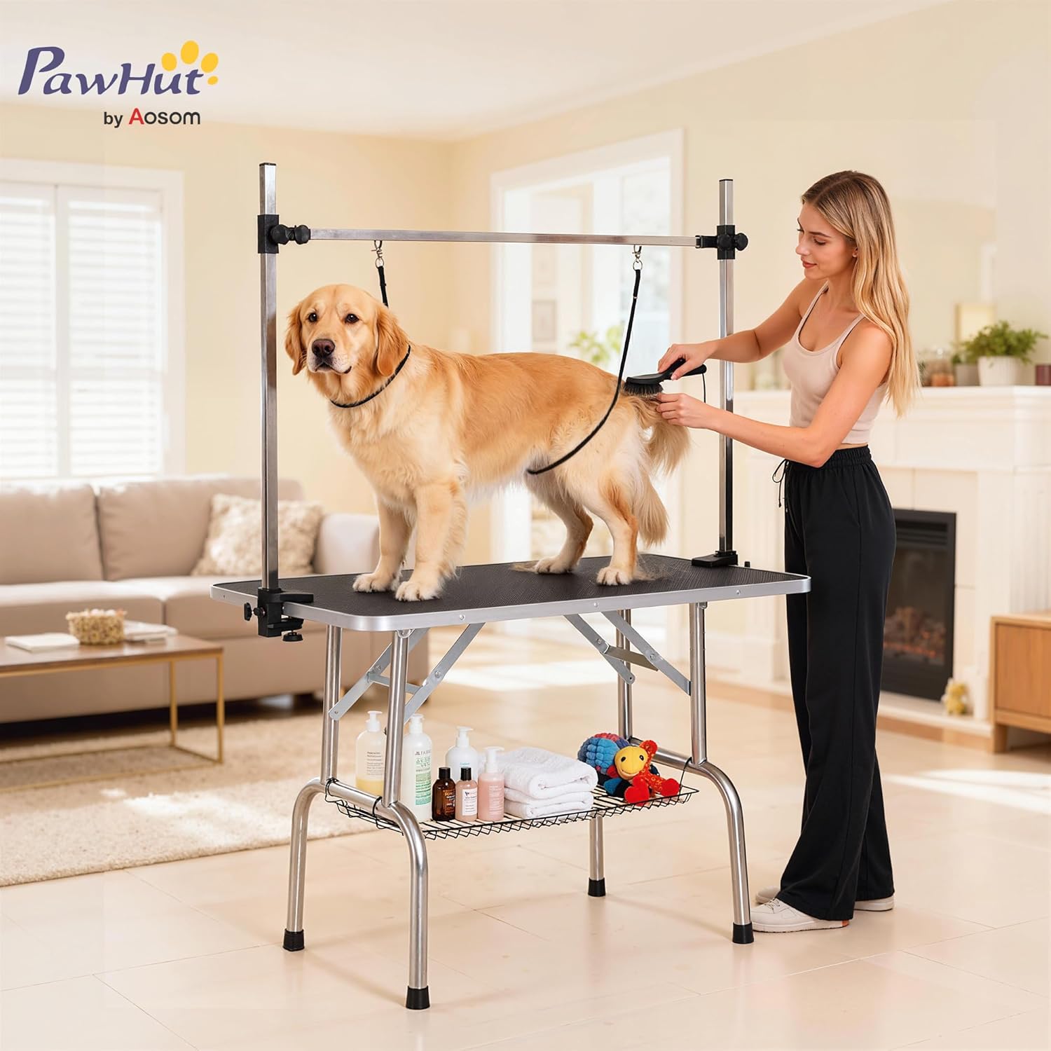 Detalle 2 de PawHut table de toilettage pliante 107 x 60 cm avec potence H inox réglable et surface antidérapante