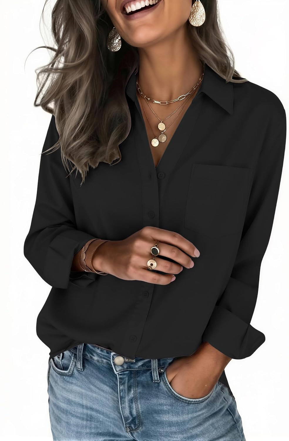 Detalle de Zeagoo Long-Sleeve Button-Down Blouse with 4-Way Stretch Fabric