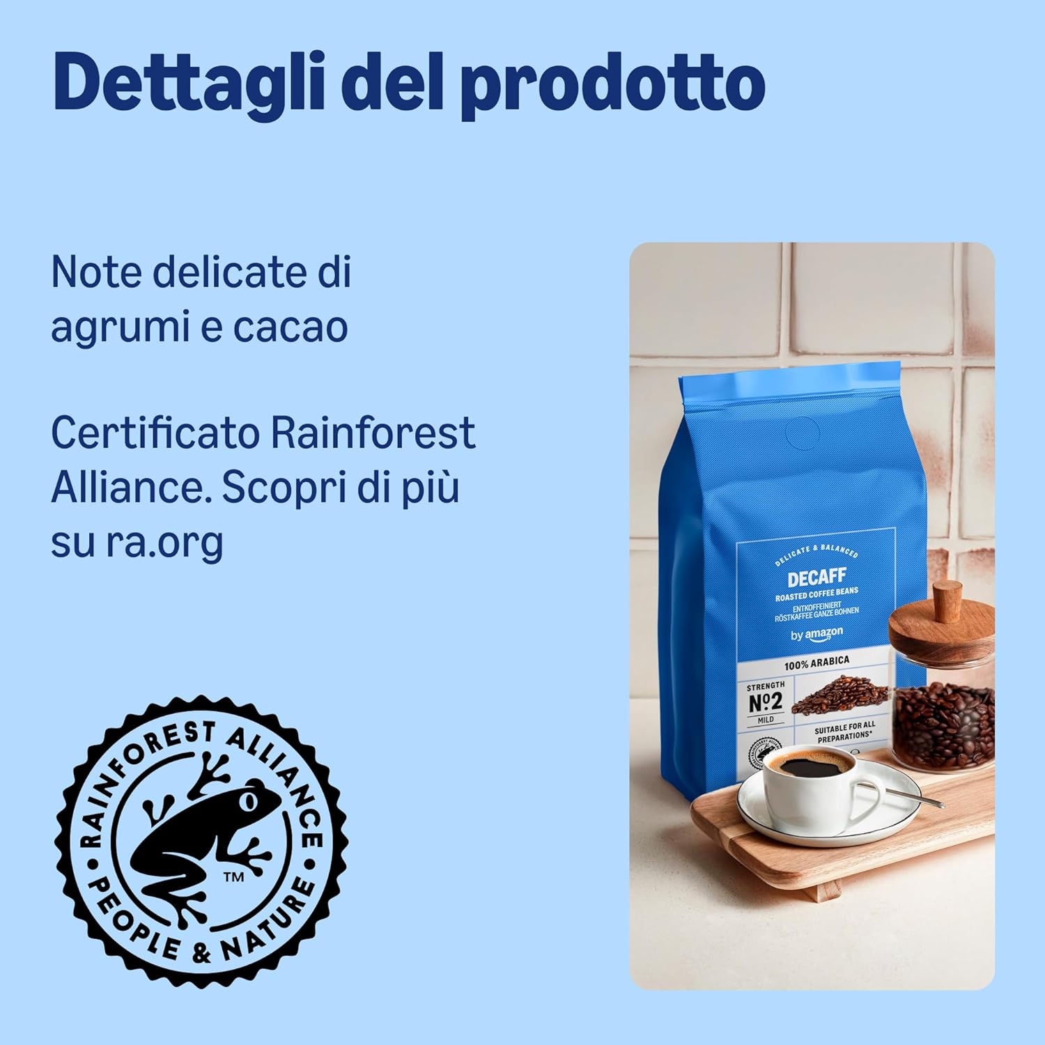 Detalle 2 de By Amazon Decaff 100% Arabica Intensità 2 – Delicato, 1 kg: caffè decaffeinato in grani, compatibile con macchine da caffè
