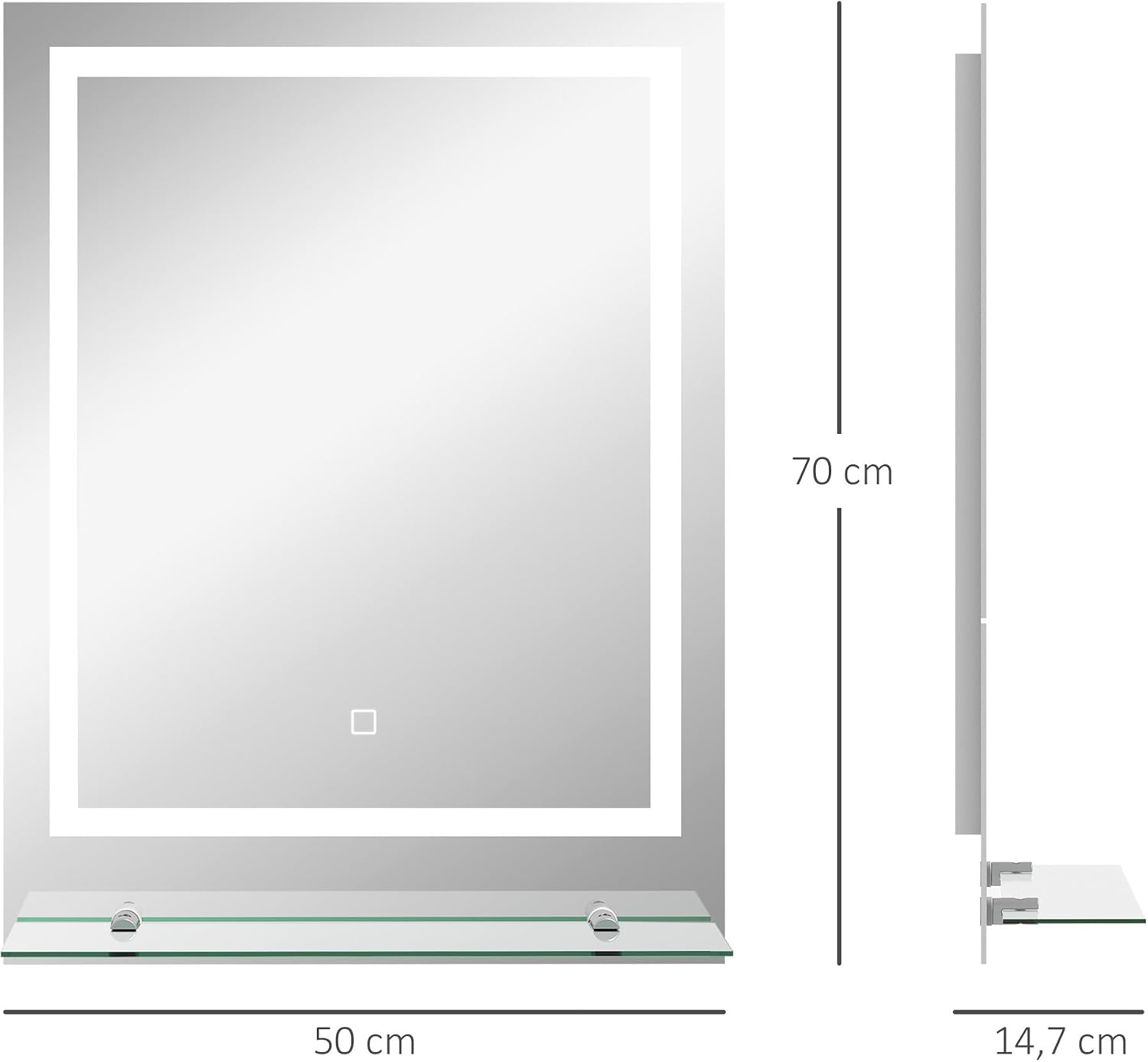Thumbnail 6 de kleankin Miroir Lumineux LED rectangulaire avec étagère – 70 × 50 cm, anti-buée, interrupteur tactile