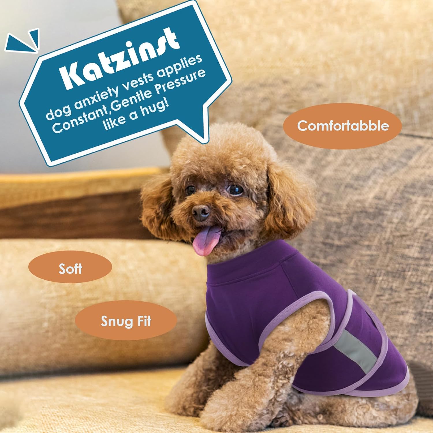 Thumbnail 6 de Katzinst Dog Stress and Anxiety Relief Vest, Lightweight & Reflective (Purple, Size L) for Large Dogs