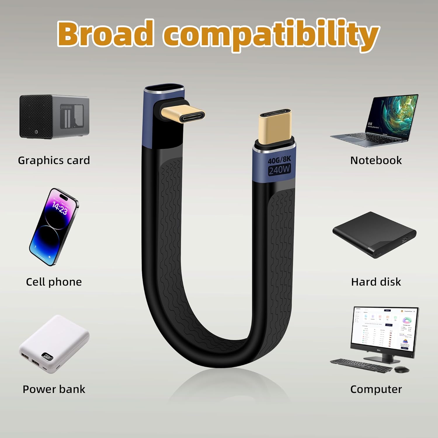Thumbnail 6 de RIIEYOCA 14cm USB C to C 40Gbps Cable: 8K60, PD 240W, 90° Short Reach