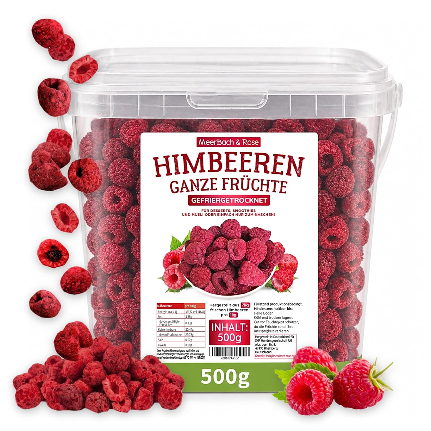 Detalle de Gefriergetrocknete Himbeeren 500g – 100% Frucht, ohne Zuckerzusatz, vegan | Meerbach & Rose
