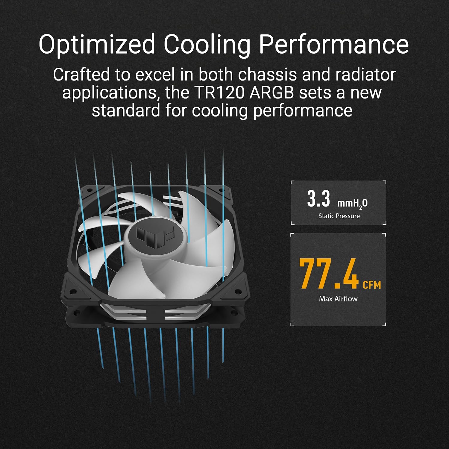 Detalle de ASUS TUF Gaming TR120 ARGB Standard Blade Black : ventilateur de boîtier 120 mm PWM, 2000 rpm, LED ARGB