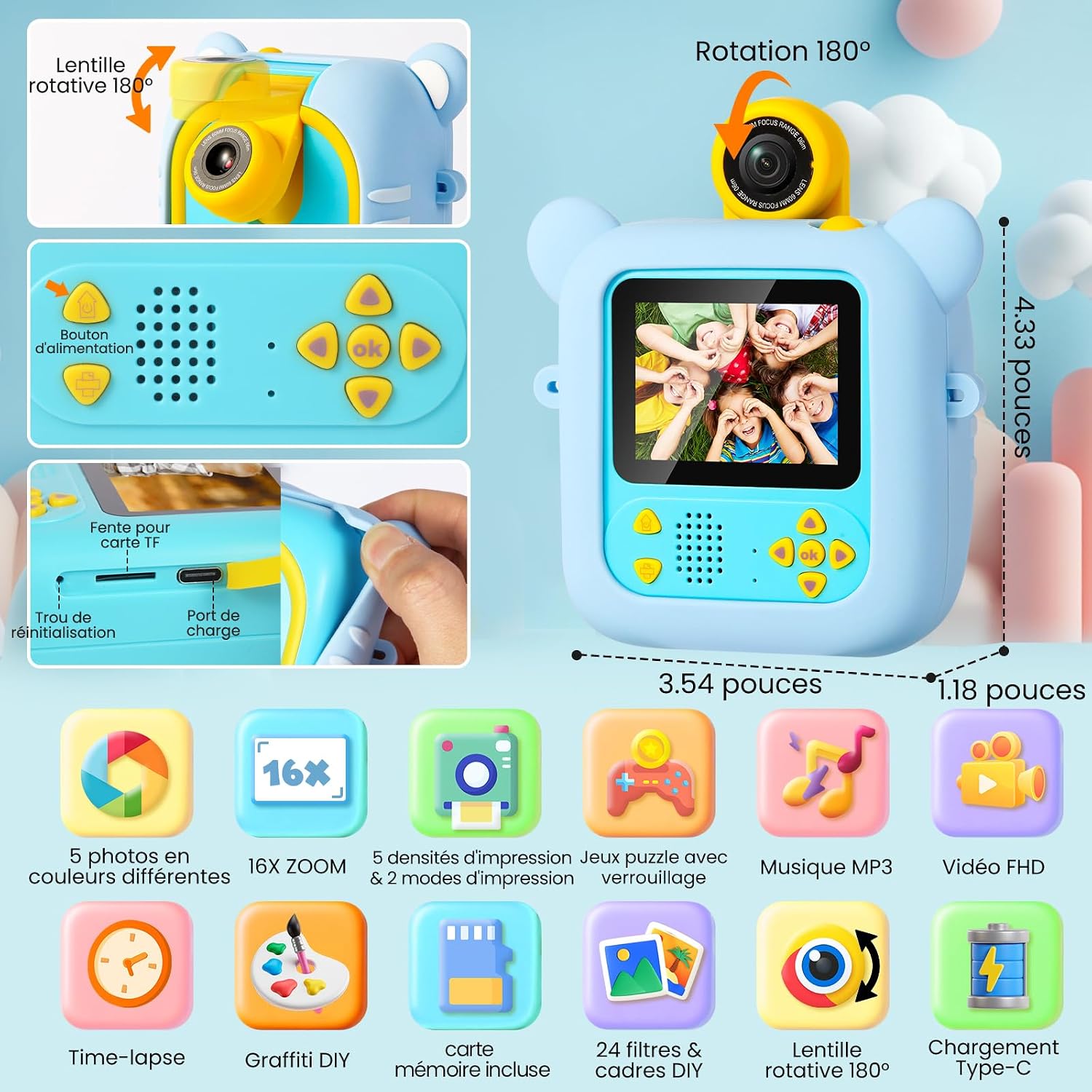 Thumbnail 1 de ARNSSIEN Appareil Photo Instantané Enfant M2 – Écran 2,4'' et Objectif Rotatif 180°