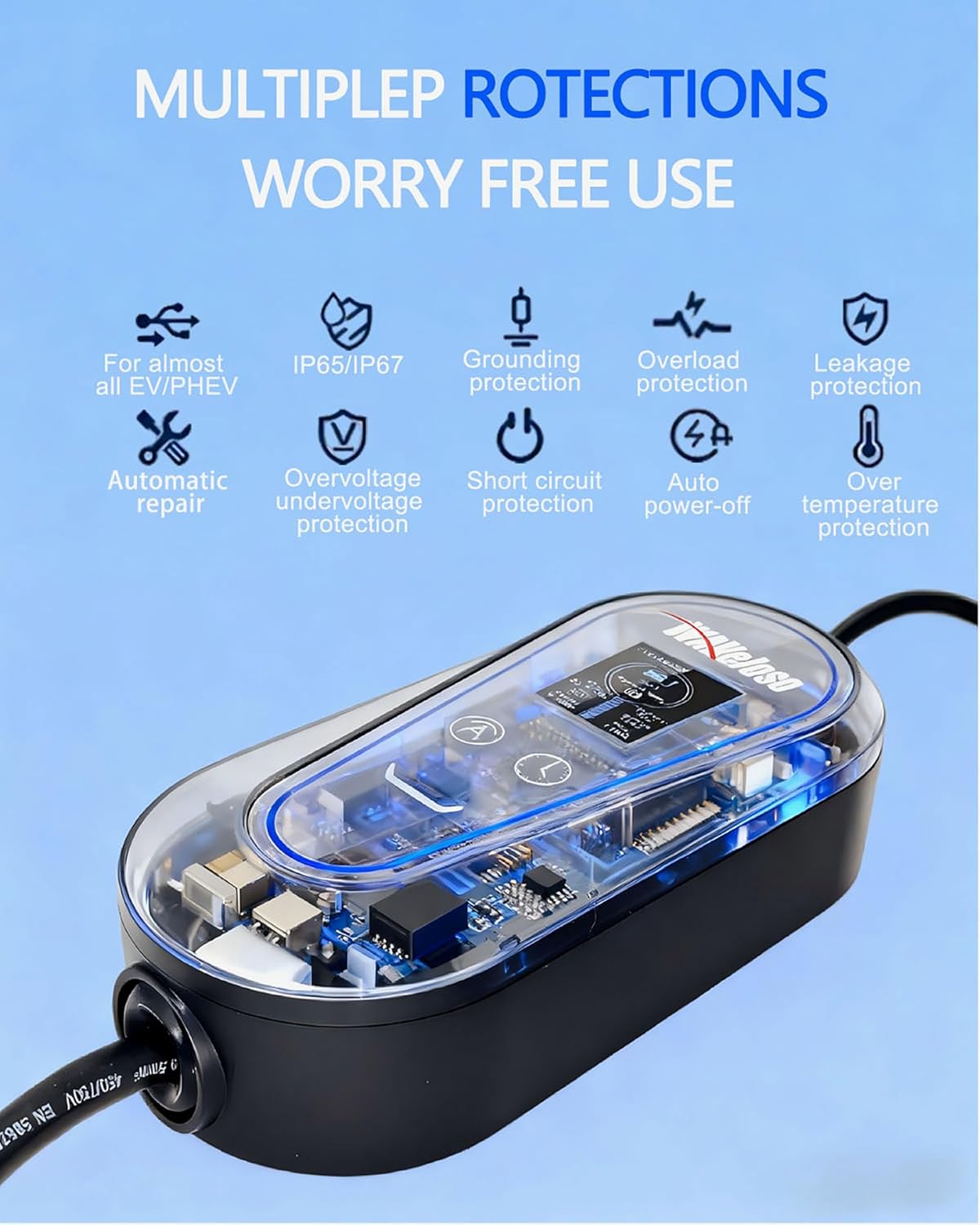 Thumbnail 2 de Waveloso Type 2 to 3 Pin EV Charger Cable (10.4m) with LED Screen, 6/8/10A Adjustable Current and Timing Delay