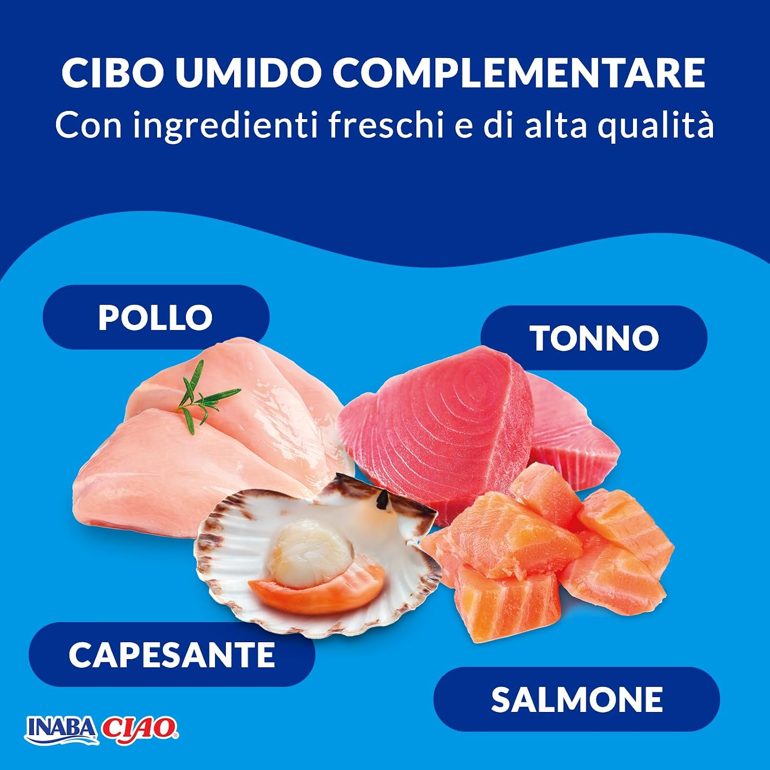 Detalle 2 de INABA CIAO Brodo di Pollo per Gatti in 3 Gusti — 10 Buste x 40 g, Cibo Umido con Straccetti di Pollo, Tonno, Salmone e Capesante