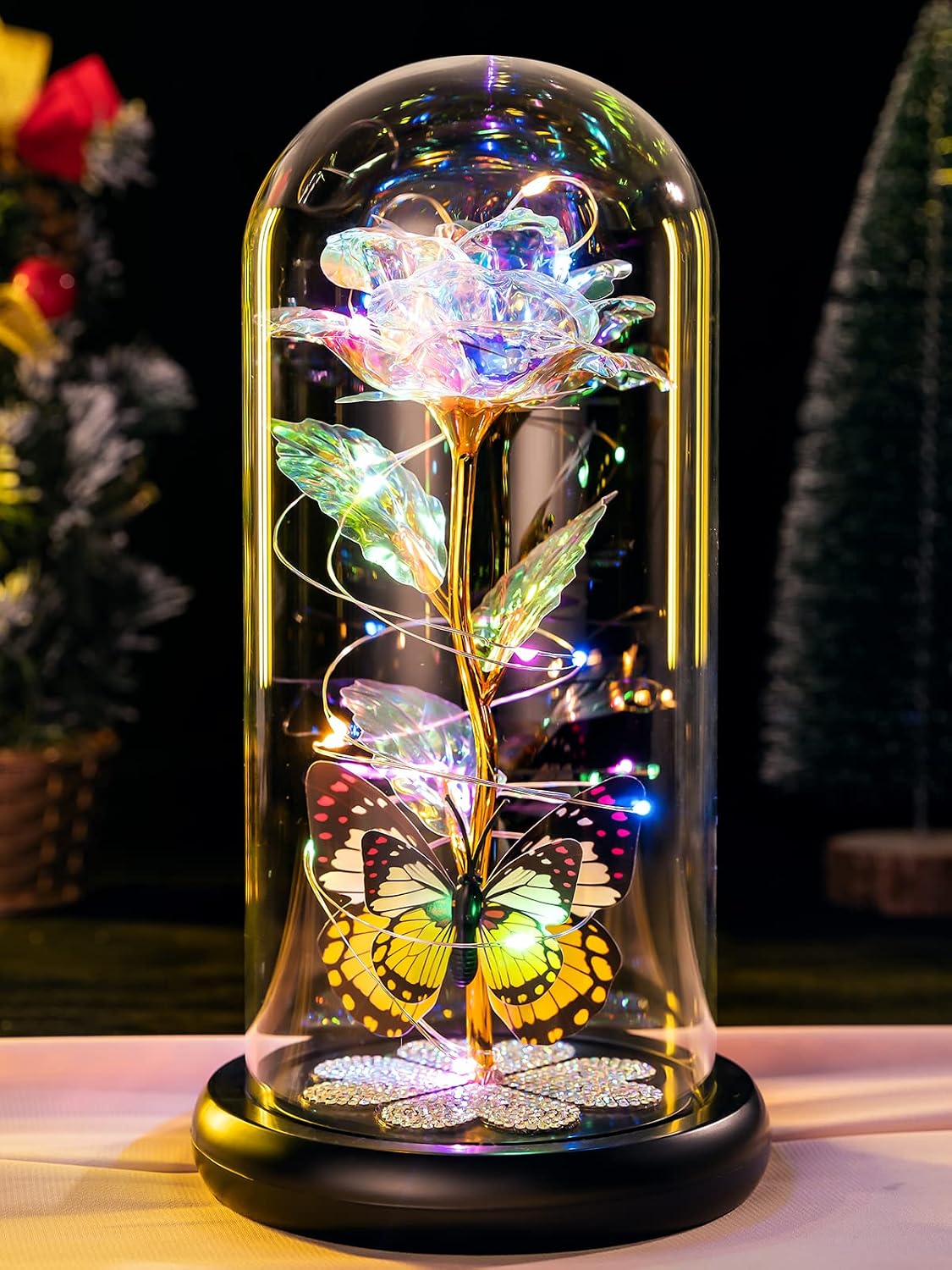 Detalle de Pusuny Galaxy Glass Rose in Dome with Butterfly - Eternal Crystal Rose Gift for Mom, Wife, or Daughter