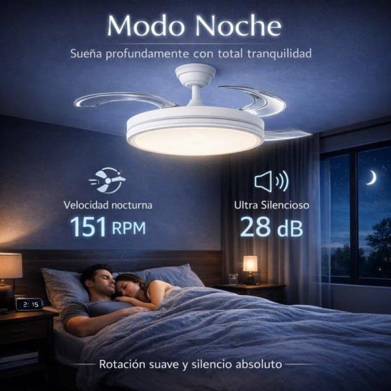 Detalle de Bilake Beach Night: Ventilador de Techo LED 48W con aspas retráctiles y motor DC
