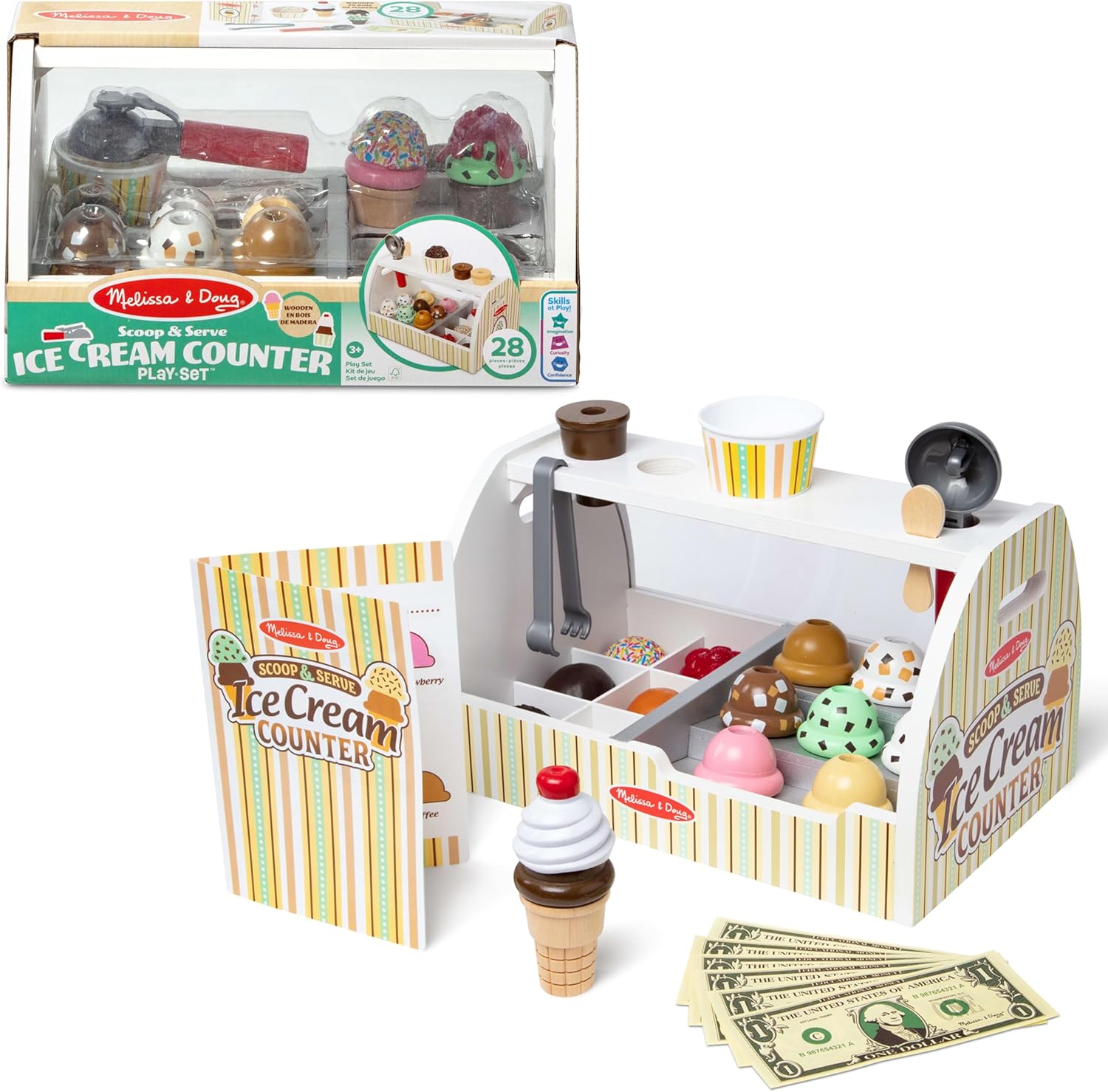 Melissa & Doug Eisdiele aus Holz, 28-teilig (mit Spielgeld) – Rollenspiel für Eiscreme im Laden