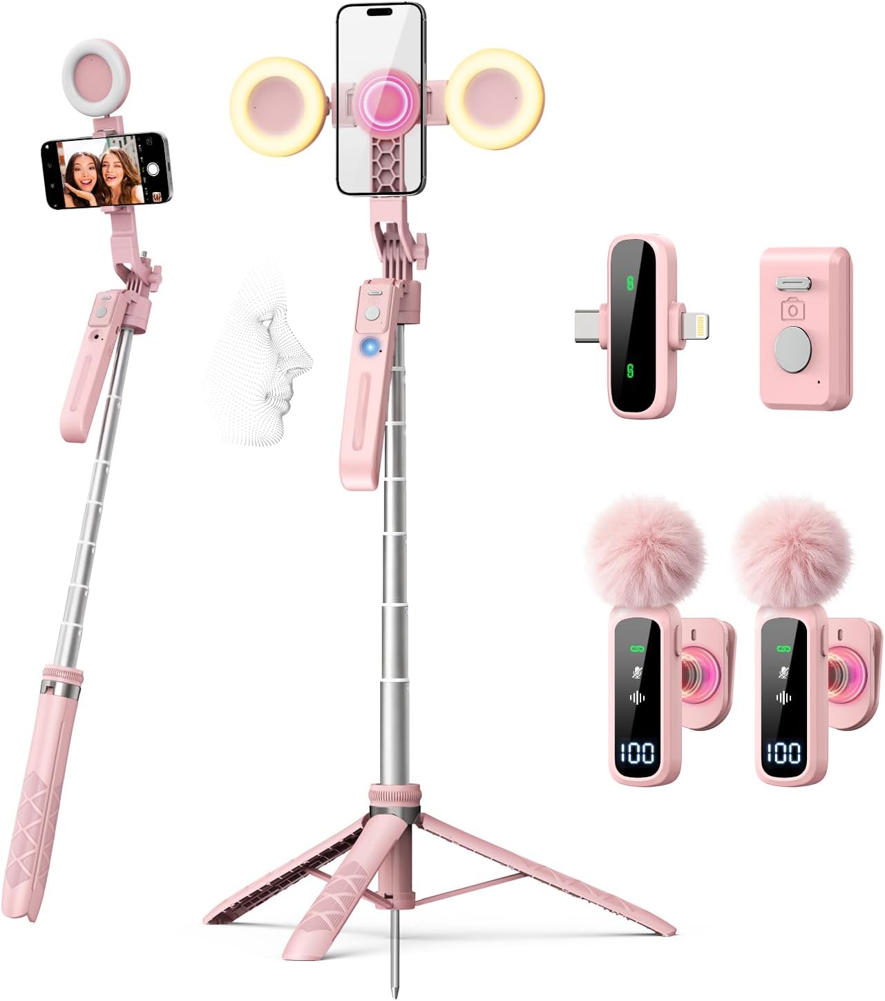 Detalle de yAyusi C20 Pink Vlogging Kit with 71" Face-Tracking Tripod, Lights & Mic