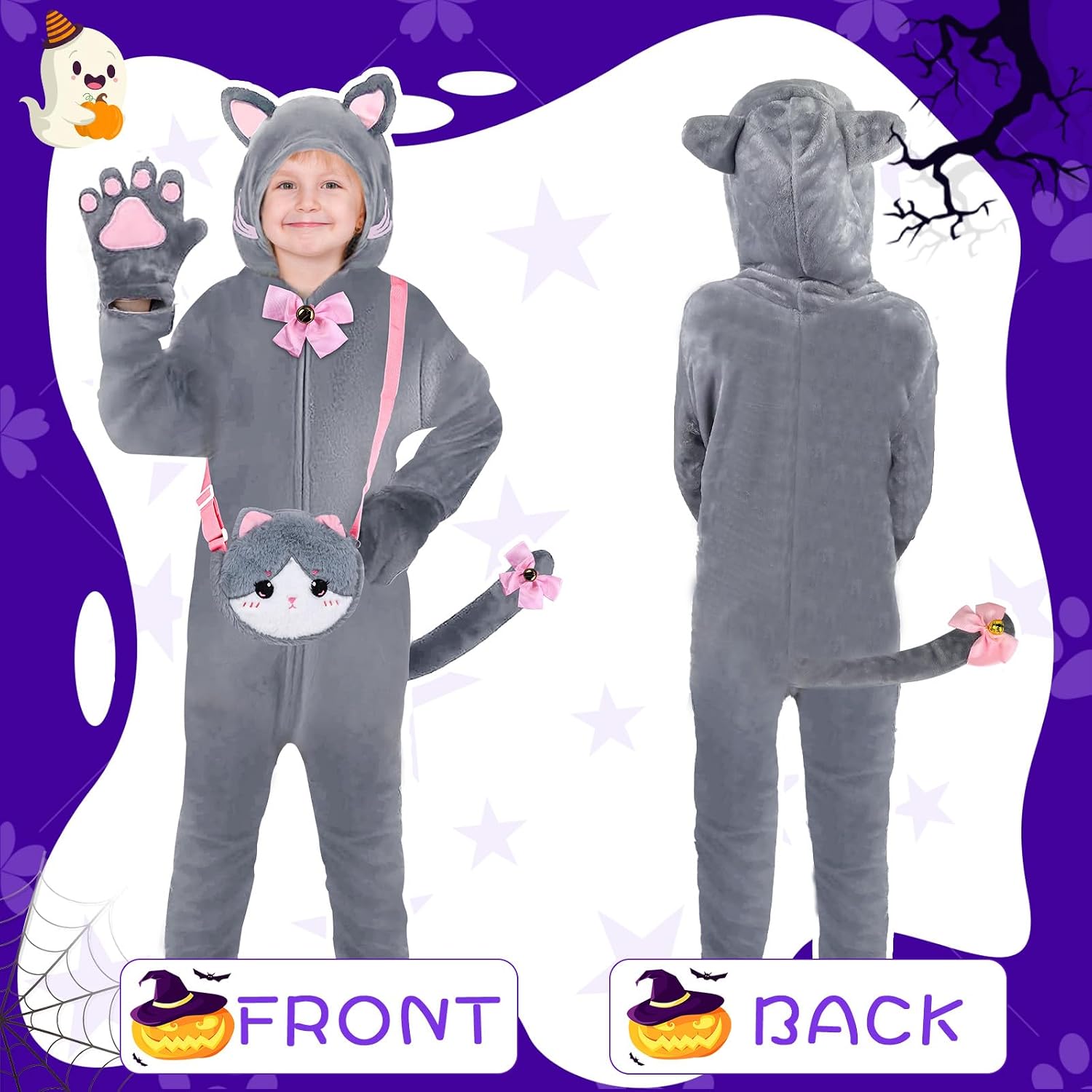 Detalle 2 de Gifts2U Halloween Cat Costume for Girls, 5–6 Years, Flannel Onesie & Bag