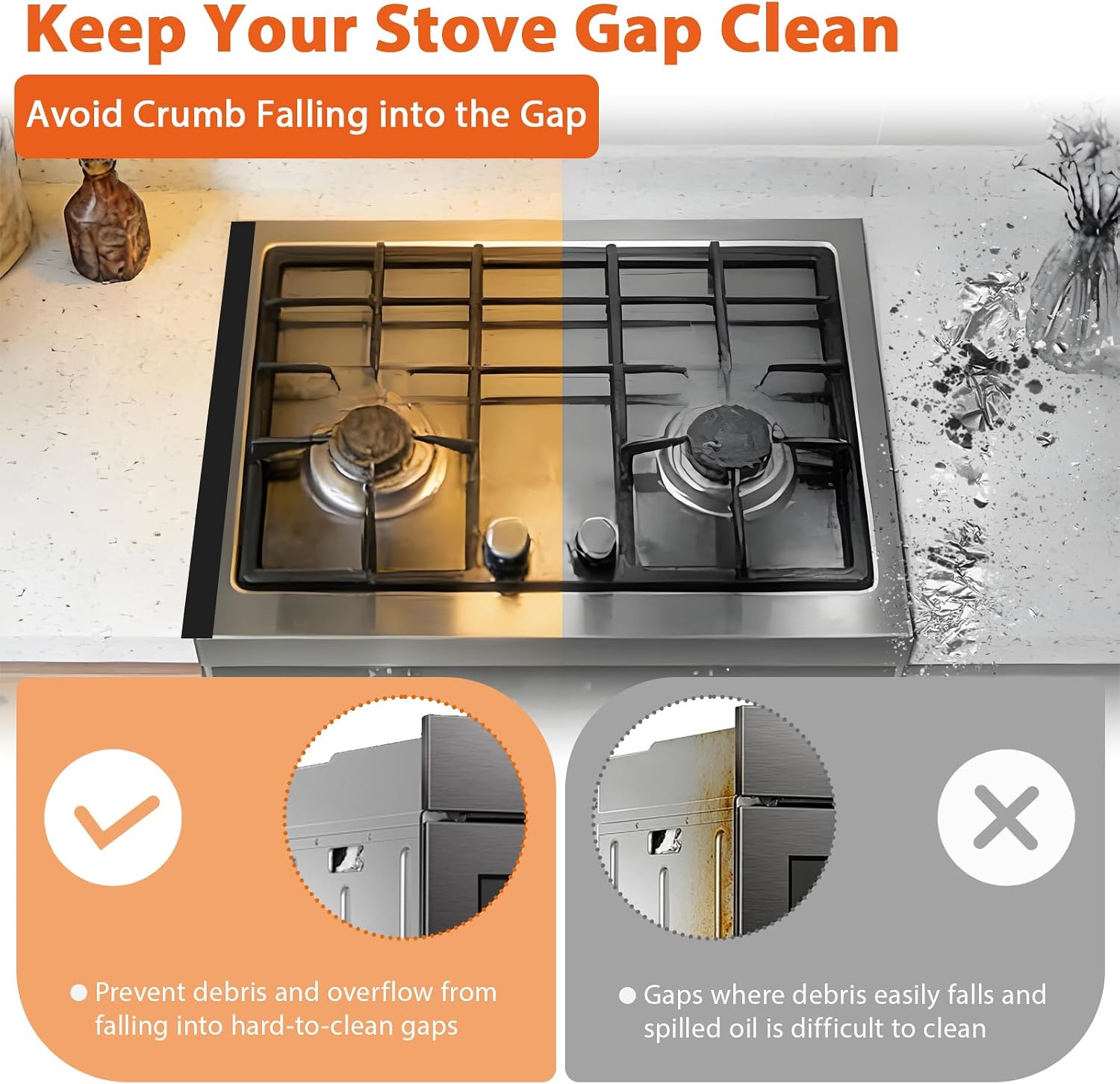 Detalle de DVYY T design stove gap covers, adjustable stainless steel 2-pack, 13.8–27.5 in.