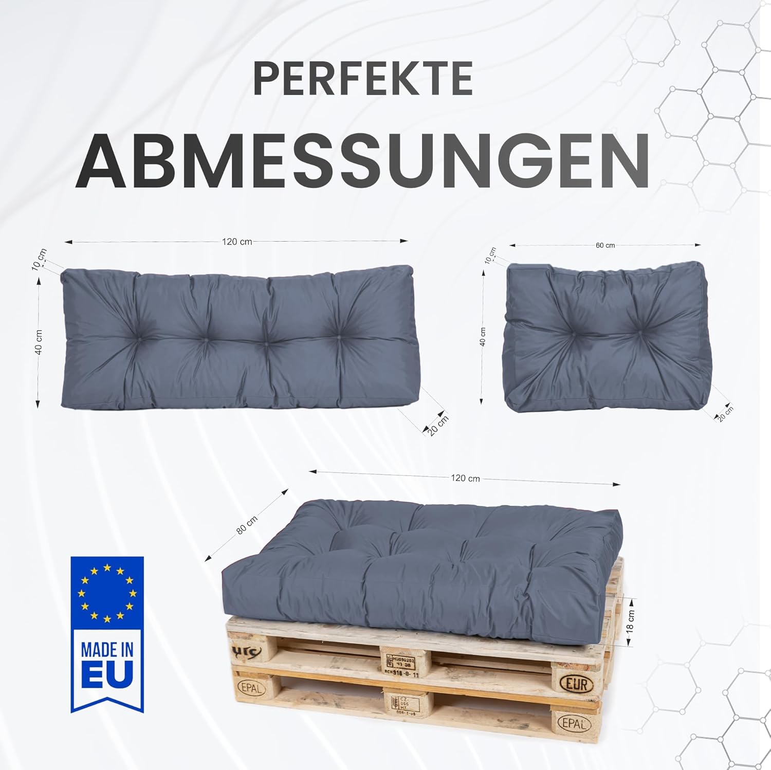 Detalle de TexDeko® Garden Palettenkissen 120x80x18 cm wasserabweisend & UV-beständig (7-teilig) – Sitzkissen für Europaletten, Grau