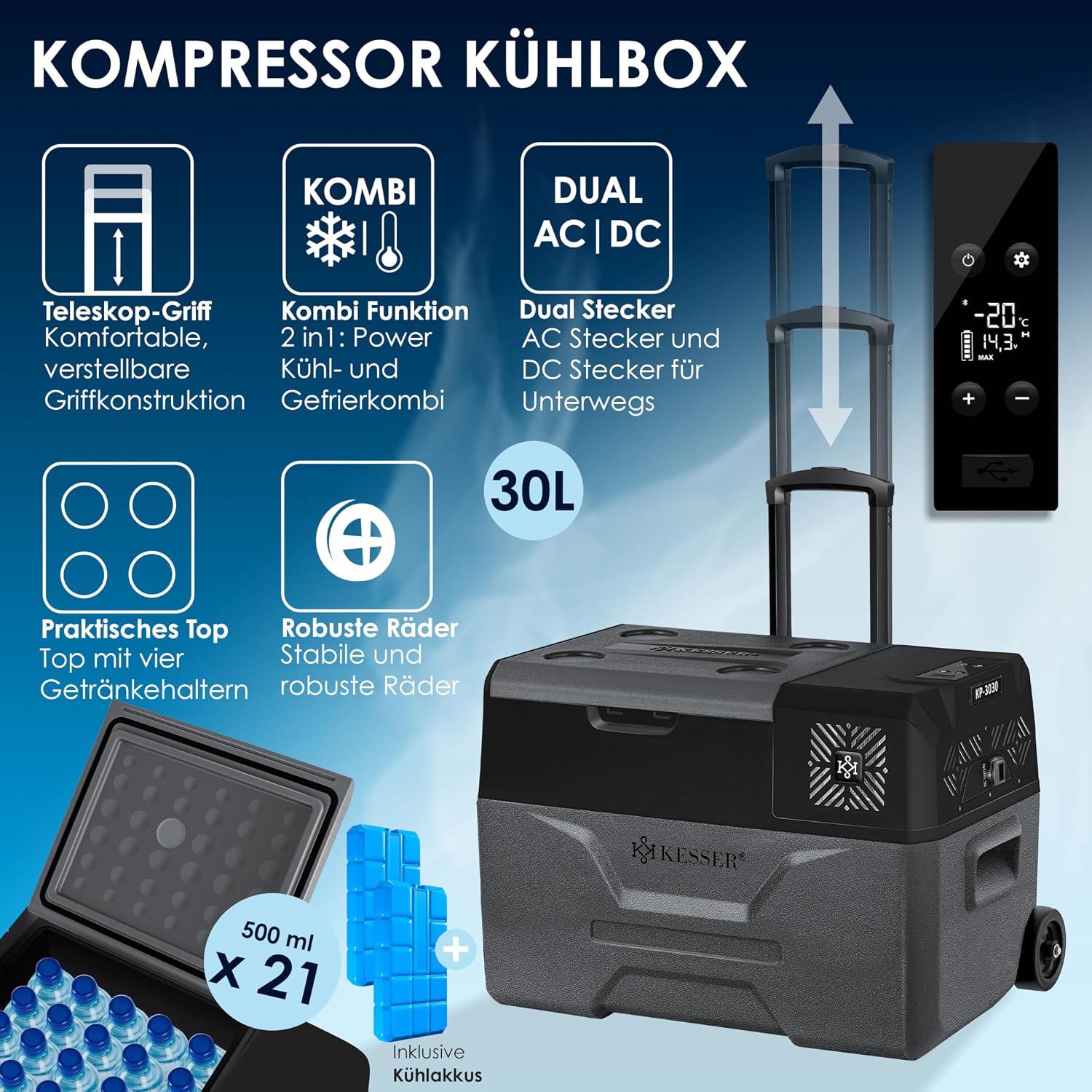 Thumbnail 1 de KESSER Kompressor-Kühlbox 30 l elektrisch 12/24/230 V mit APP-Steuerung (bis -20 °C) und Rädern