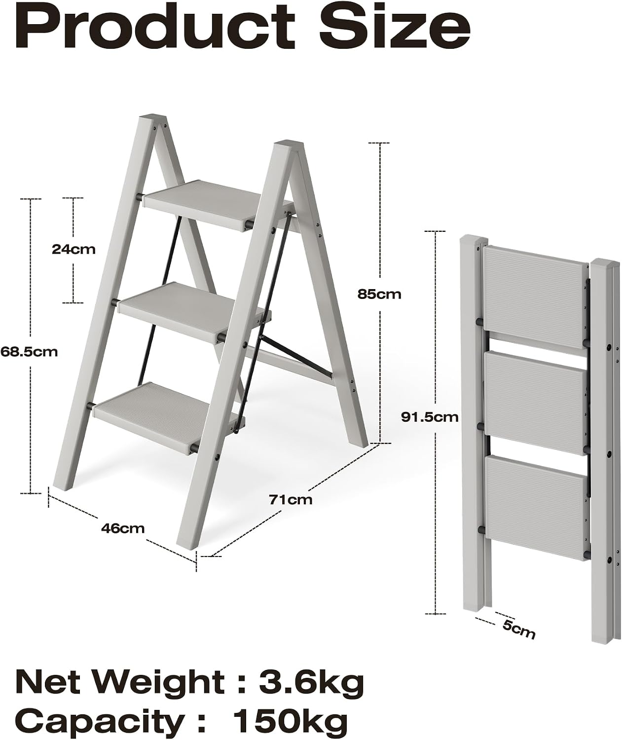 Detalle 2 de HillhutApex 3-Step Aluminum Step Stool, Folding, Grey, 150 kg Capacity