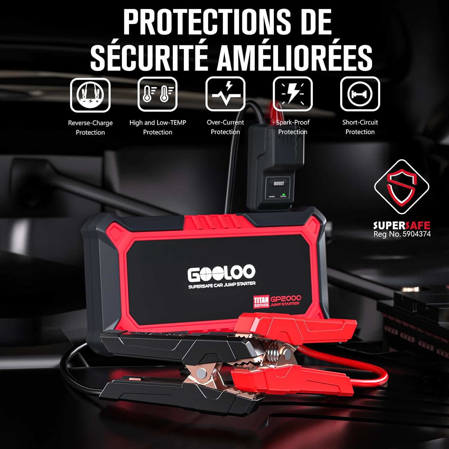 Detalle de GOOLOO GP2000 Booster Batterie Voiture 12V 2000A avec pinces sécurité intelligentes, lampe LED et sorties charge rapide 3.0