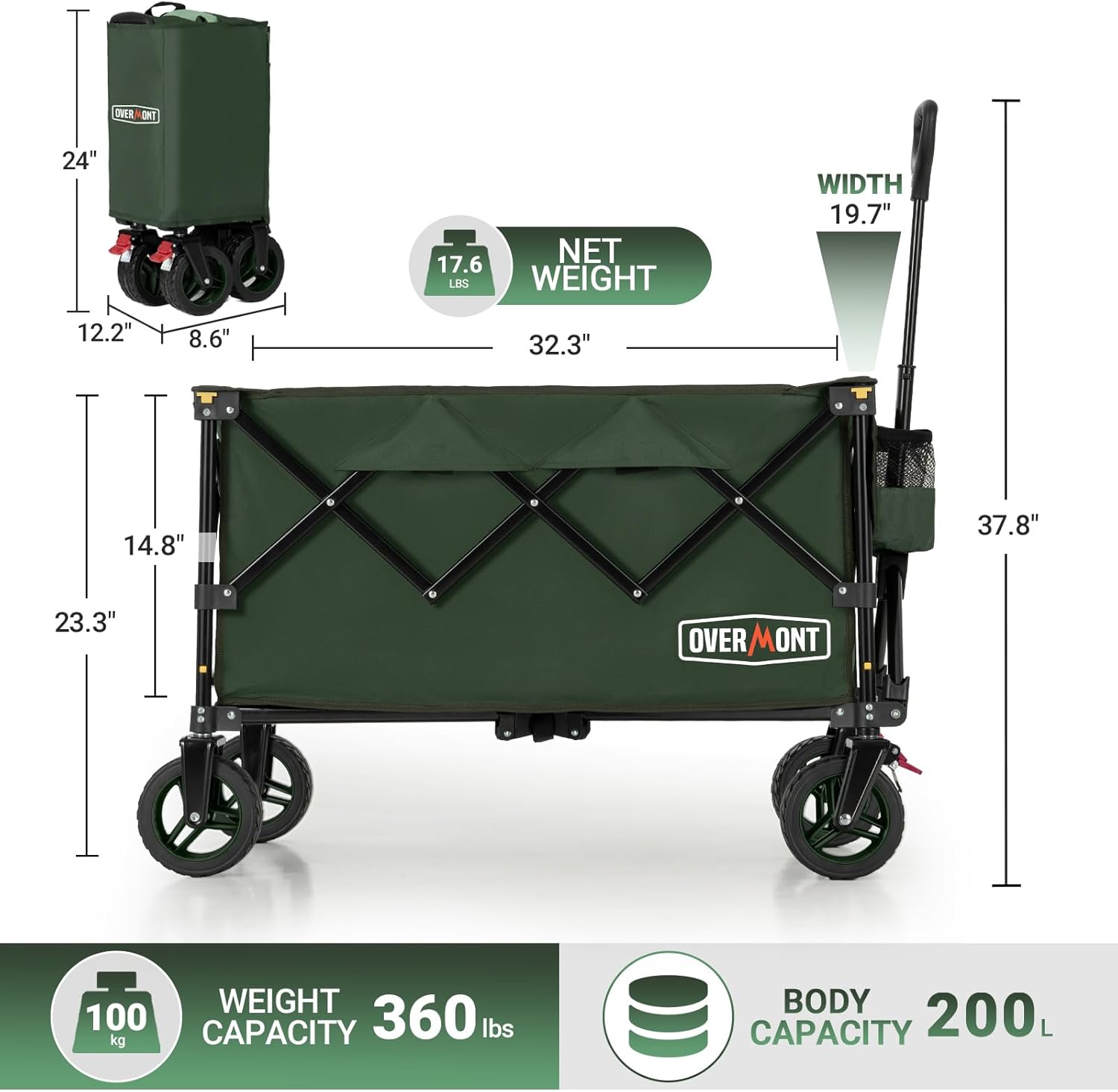 Thumbnail 6 de Overmont Carro Playa Plegable con Ruedas – Todo Terreno, 150L/150 kg, Mano de Obra y Portavasos