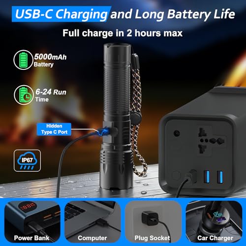 Detalle 2 de Beizkna Torches LED Super Bright USB Rechargeable 50000L — Tactical 1200m Beam, 5 Modes