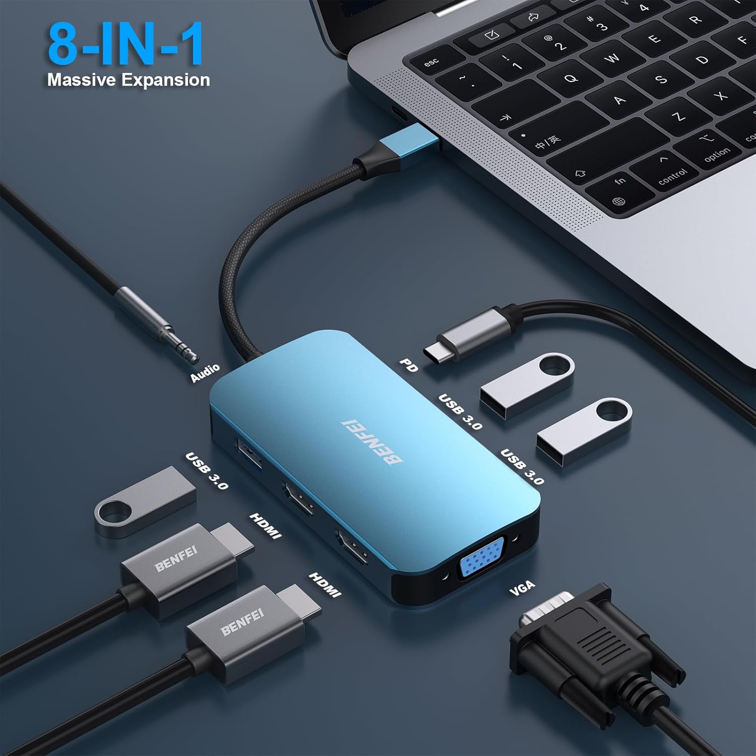 Thumbnail 1 de BENFEI USB‑C MST Hub-Docking Station 8‑in‑1 mit 2×HDMI, 1×VGA, 3×USB 3.0 und 100‑W Power Delivery