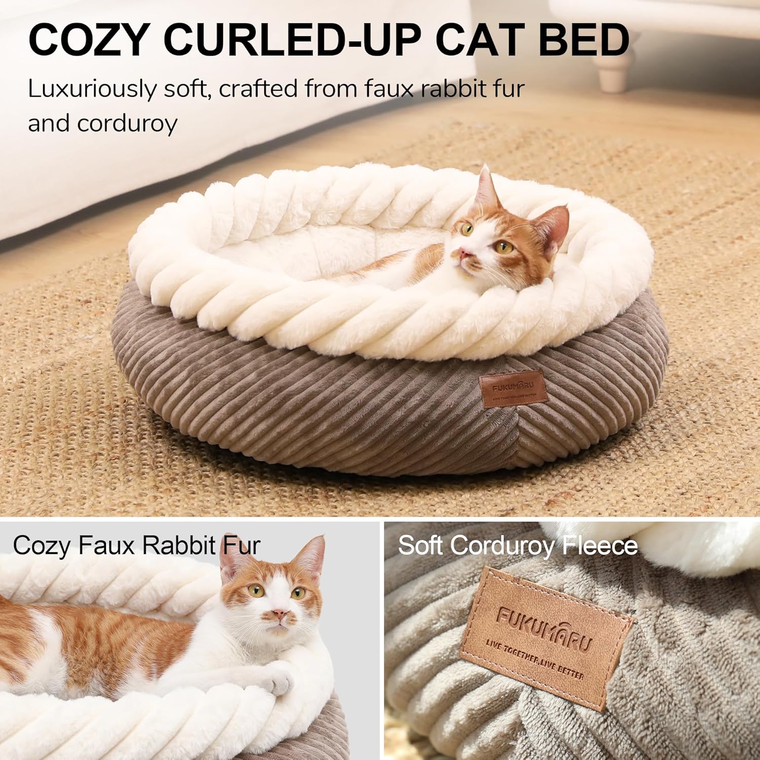 Detalle de FUKUMARU 53 cm Round Donut Cat Bed in Camel — Soft, Washable, Orthopaedic Support