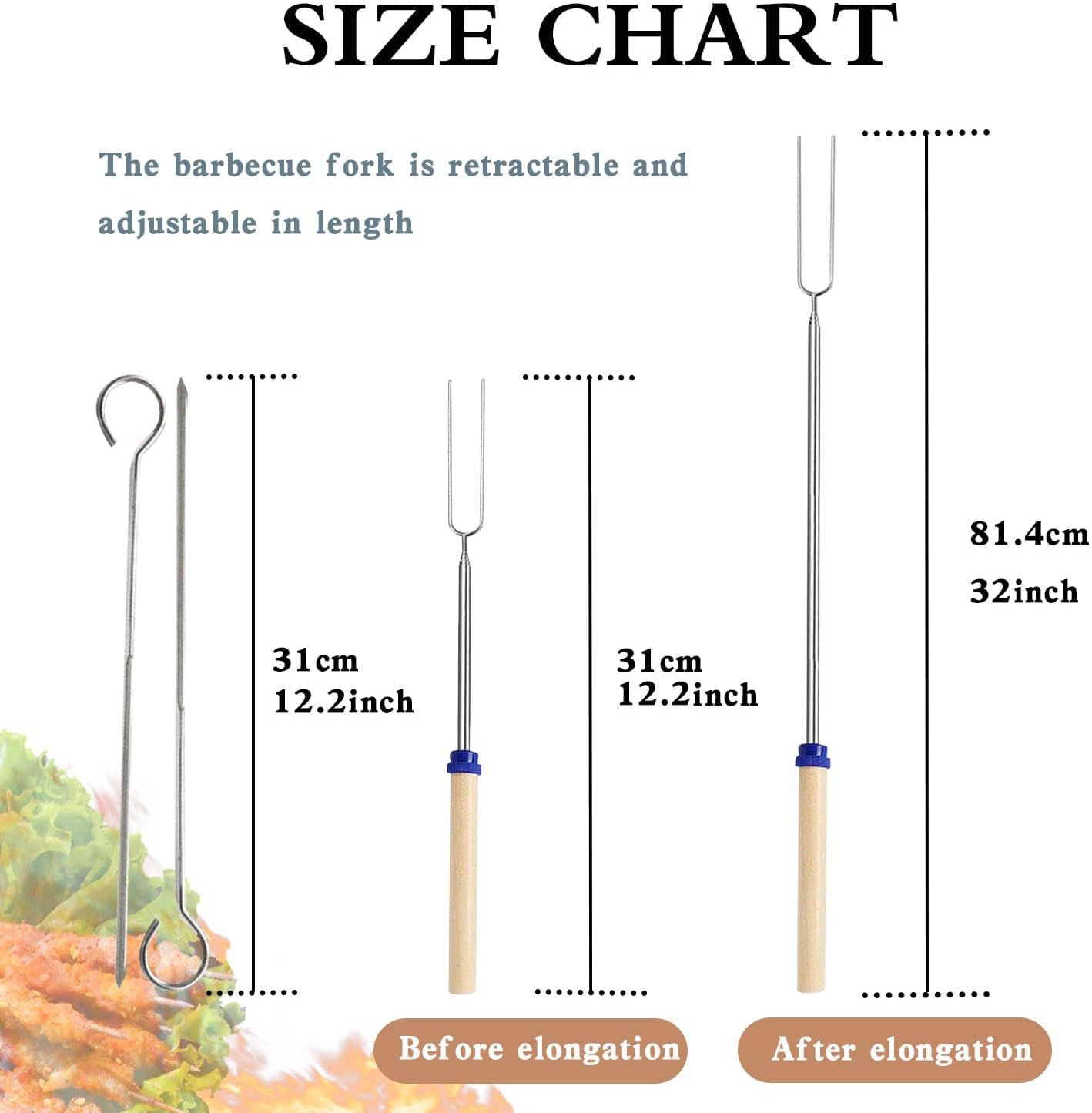Detalle de Ecloud Shop Marshmallow Roasting BBQ Sticks Set – Teleskop Edelstahlspieße, 32 Zoll, inkl. 2 Gratis 304 Edelstahl-Grillsticks