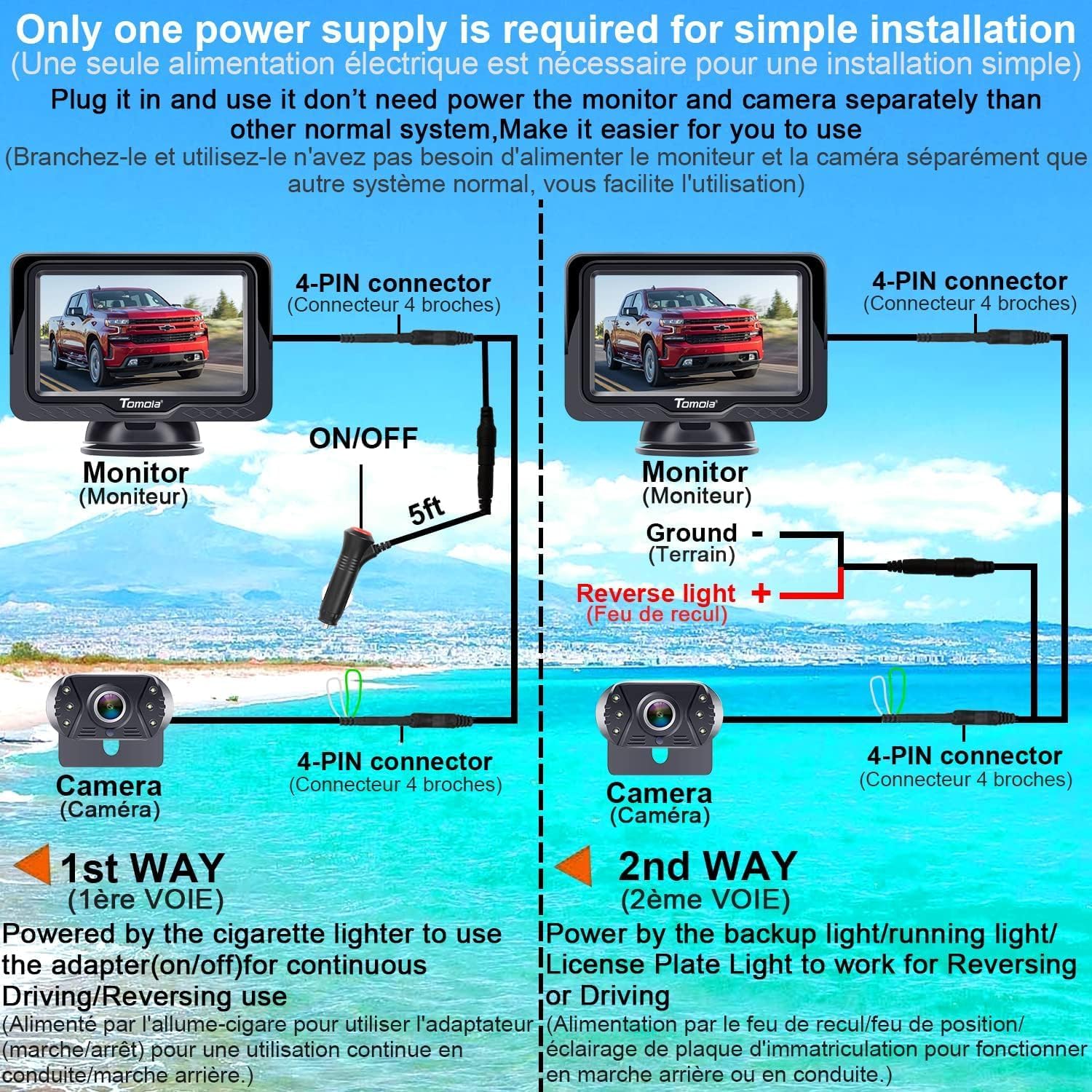 Detalle 2 de Tomoia T1 Plug-and-Play Reversing Camera Kit with 4.3 inch Monitor, HD 1080P Colour Night Vision and DIY Guide Lines