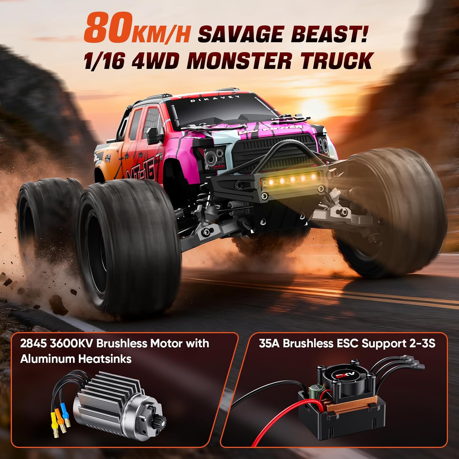 Thumbnail 1 de DIKAVEY 1/16 50MPH Brushless 4WD RC Truck: All‑Terrain Truggy for Serious Backyard Fun