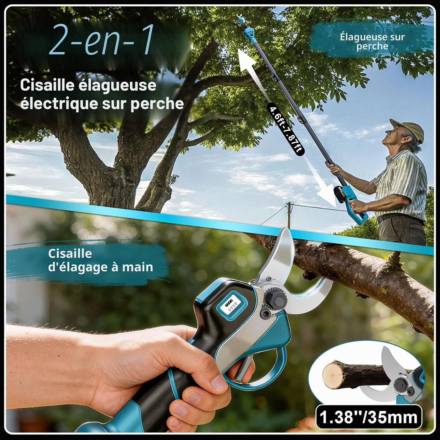 Detalle de Sécateur électrique avec perche Highsam : 2-en-1, portée 4,2 m et moteur brushless pour arbres fruitiers et jardins