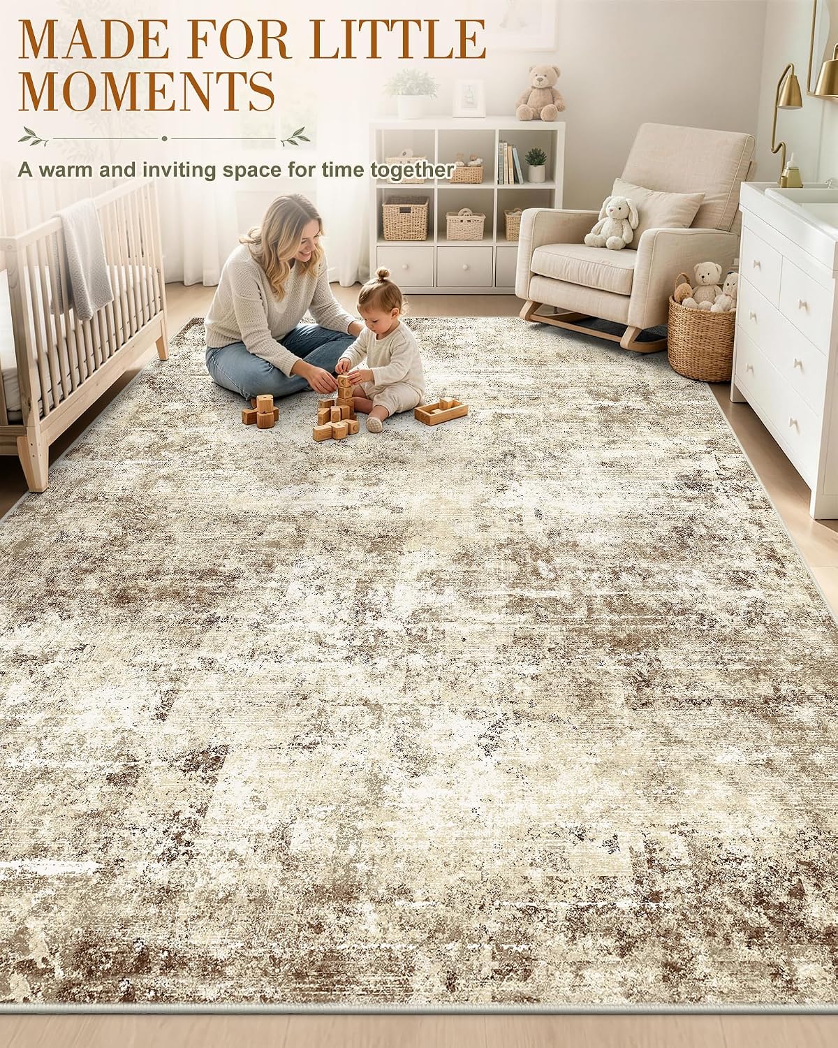 Detalle 2 de OLANLY 5' x 7' Washable Area Rug, Beige Distressed Abstract Low-Pile