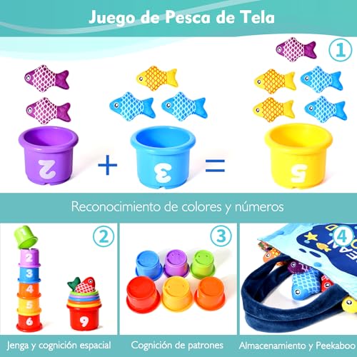 Detalle de Yitical Juguetes Montessori para Niños de 1 Año – Set de pesca de tela con taza apilables y bolsa de almacenamiento